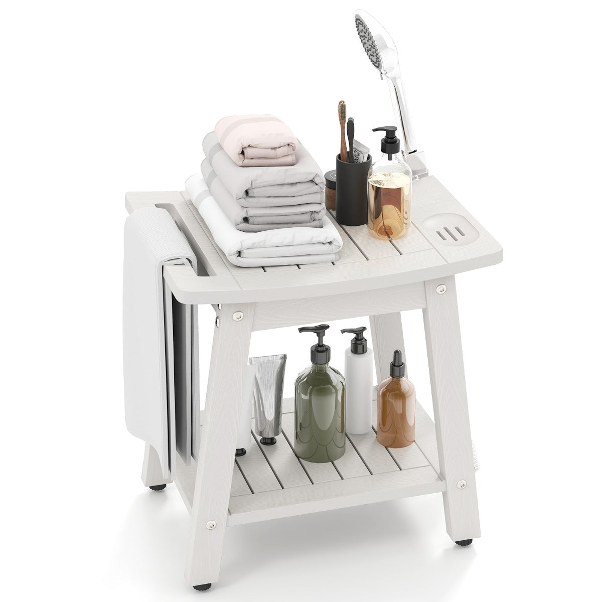 Banco de Duche em HIPS com Pega Impermeável e Prateleira Inferior para Casa de Banho 41 x 31,5 x 43,5 cm Branco