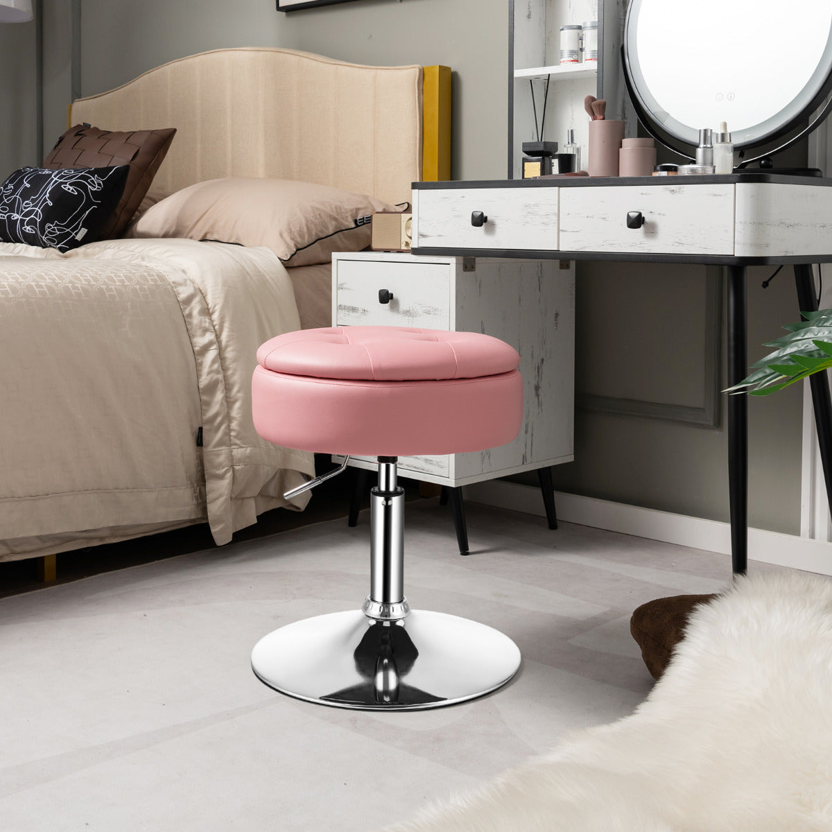 Banco de Toucador Giratório com Armazenamento Cadeira de Maquilhagem Pele Sintética Altura Ajustável Tampa Rebatível para Sala Quarto Cor-de-Rosa