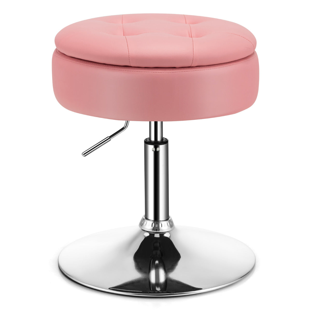 Banco de Toucador Giratório com Armazenamento Cadeira de Maquilhagem Pele Sintética Altura Ajustável Tampa Rebatível para Sala Quarto Cor-de-Rosa