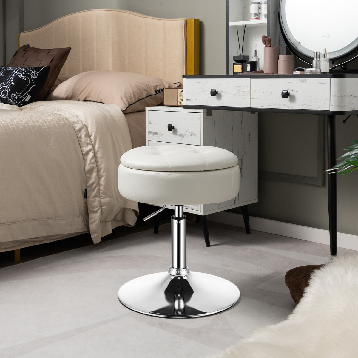 Banco de Toucador Giratório com Armazenamento Cadeira de Maquilhagem Pele Sintética Altura Ajustável Tampa Rebatível para Sala Quarto Branco
