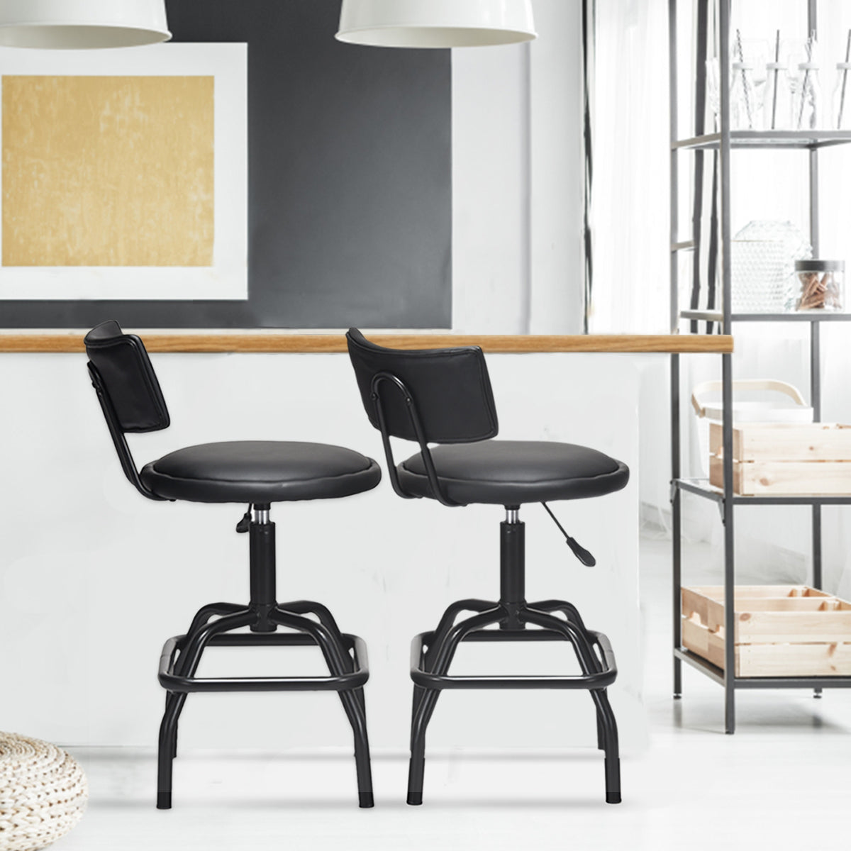 Banco de Bar Giratório Acolchoado – Altura Regulável – Negro – Pele PU