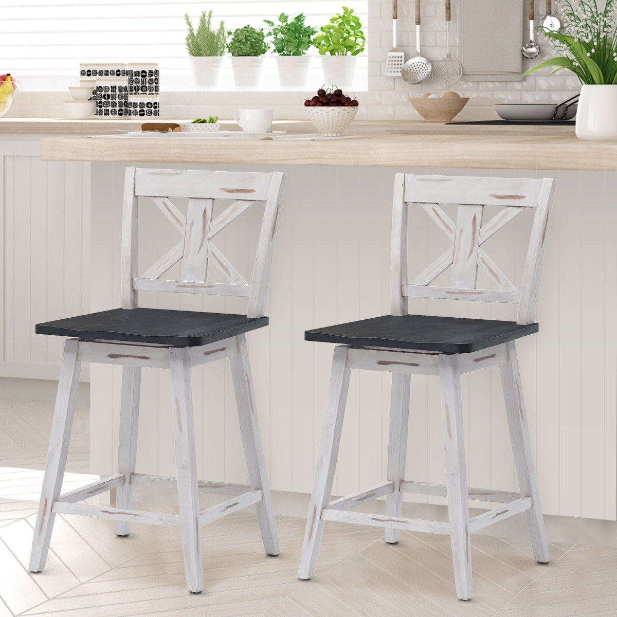 Conjunto de 2 Bancos de Bar – 50 x 47 x 97 cm – Branco – Madeira de borracha
