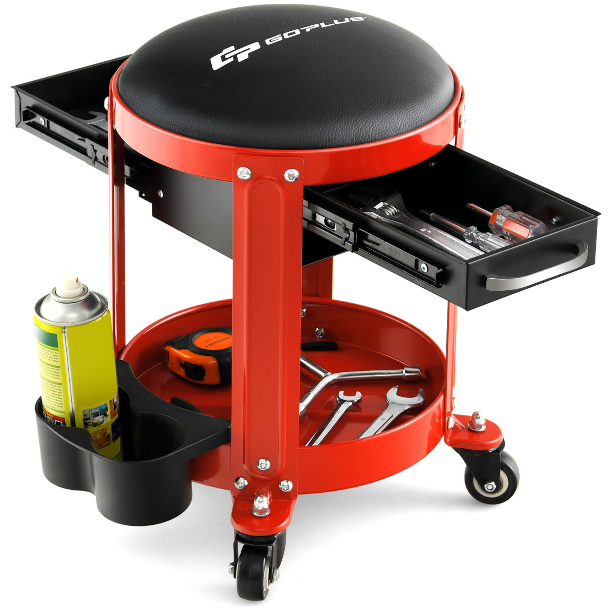 Taburete de Oficina Mecânico com Assento Acolchoado Removível, 4 Rodas, 2 Gavetas, Suporte Duplo para Latas, Bandeja de Ferramentas, Suporta 150kg