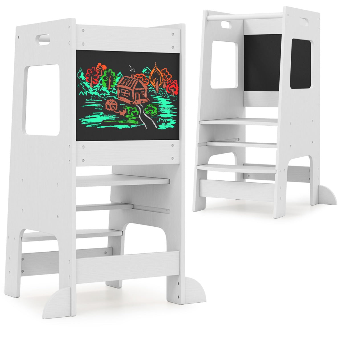 Banco/Escada de Cozinha para Crianças Pequenas – Altura Ajustável – Branca – Madeira Maciça