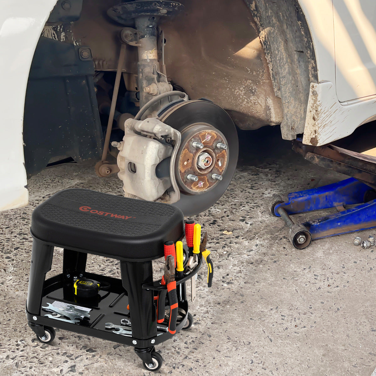 Taburete com Rodas para Garagem com Armazenamento Assento Mecânico Automotivo com Bandeja para Ferramentas e Suporte Pesado de 136 KG Preto