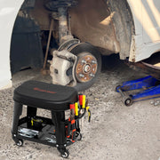 Taburete com Rodas para Garagem com Armazenamento Assento Mecânico Automotivo com Bandeja para Ferramentas e Suporte Pesado de 136 KG Preto