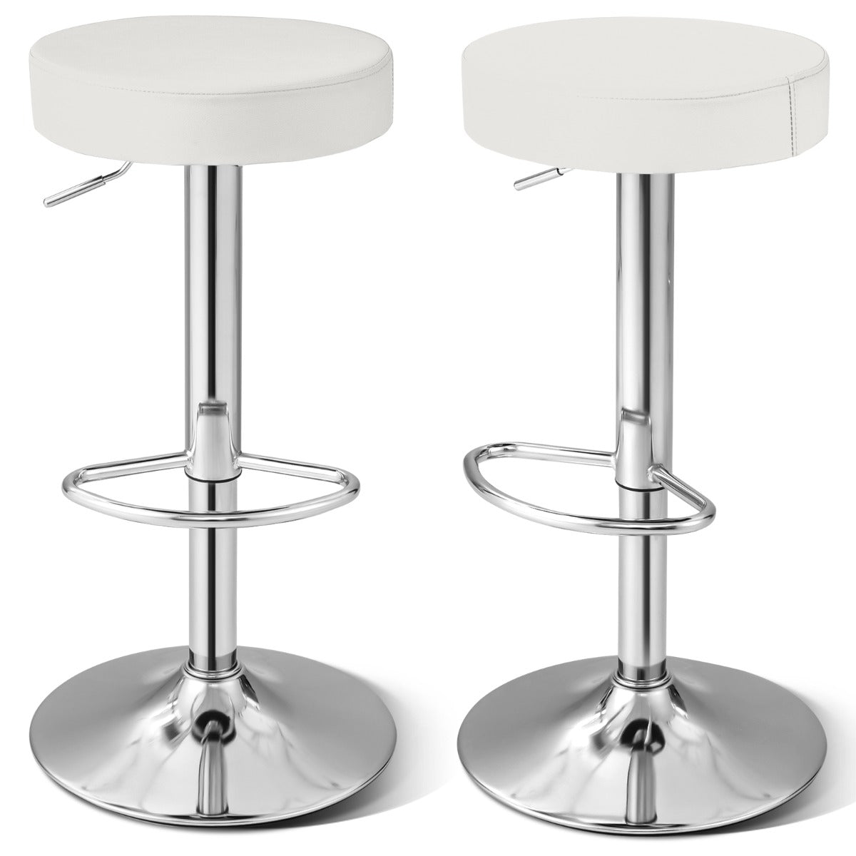 Conjunto de 2 Banquetas de Bar sem Encosto em PU Artificial Assento Giratório Acolchoado Apoio para os Pés e Base Antiderrapante Branco