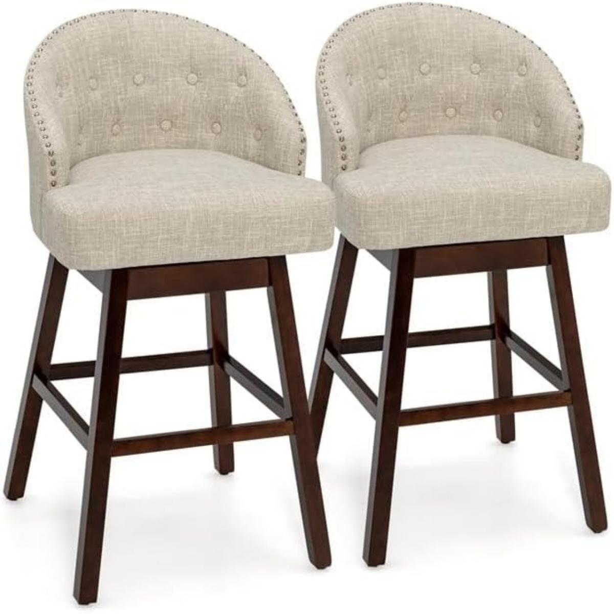 Conjunto de 2 Taburetes de Bar Giratórios – 55 x 53 x 105 cm – Bege – Madeira de Borracha e Tecido de Linho