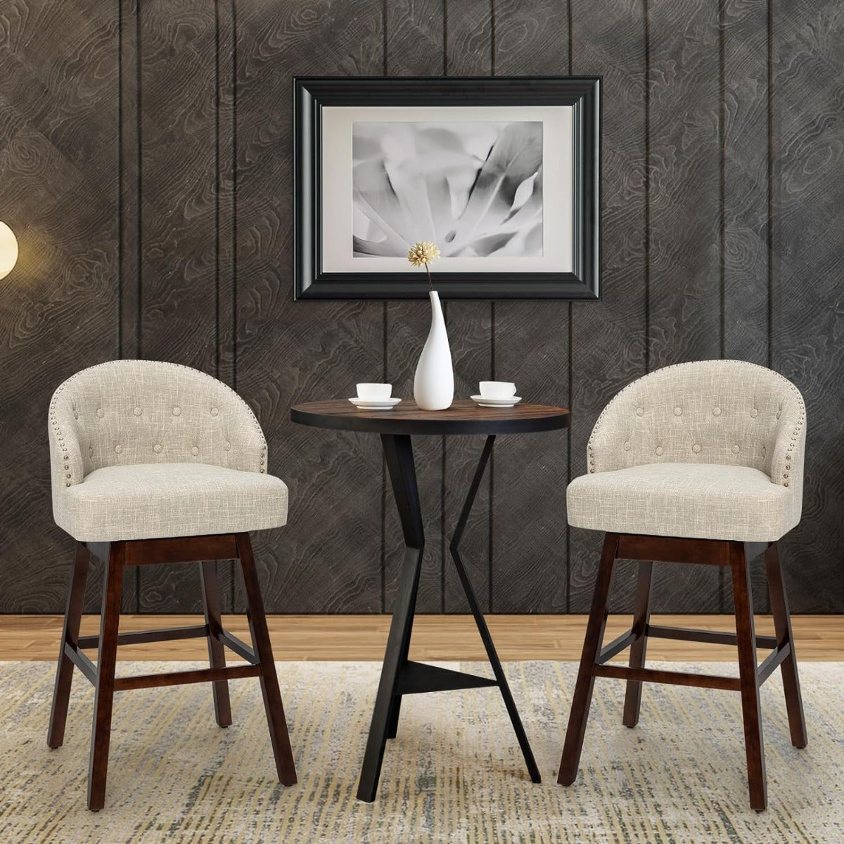 Conjunto de 2 Taburetes de Bar Giratórios – 55 x 53 x 105 cm – Bege – Madeira de Borracha e Tecido de Linho