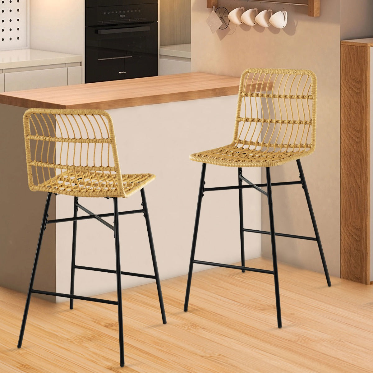 Conjunto de 2 Banquetas de Bar em Vime Modernas para Ilha de Cozinha 56 x 49 x 104 cm Amarelo