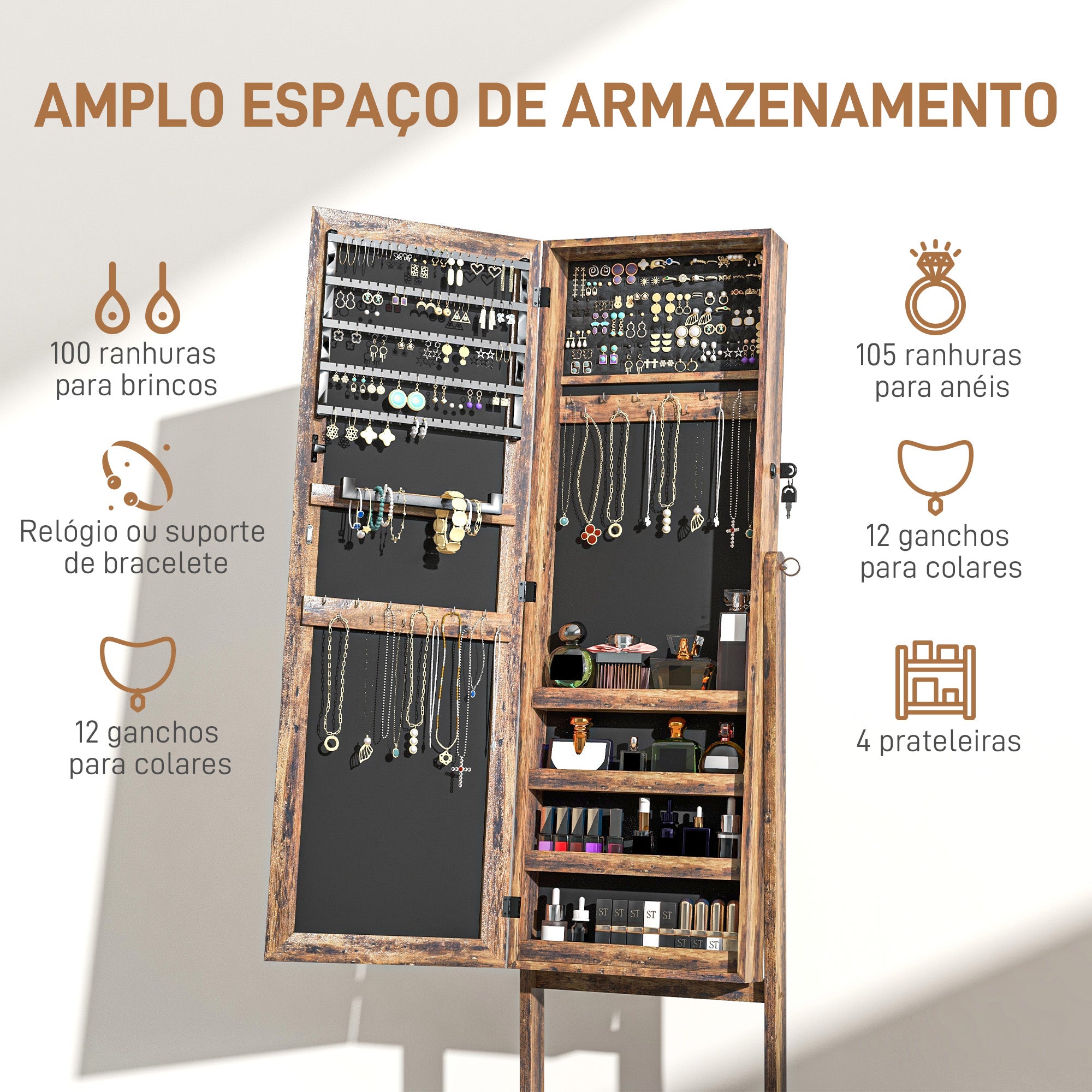 Joalheiro de Pé com Espelho e Organizador de Joias 46x36,5x151,5cm - Castanho Rústico
