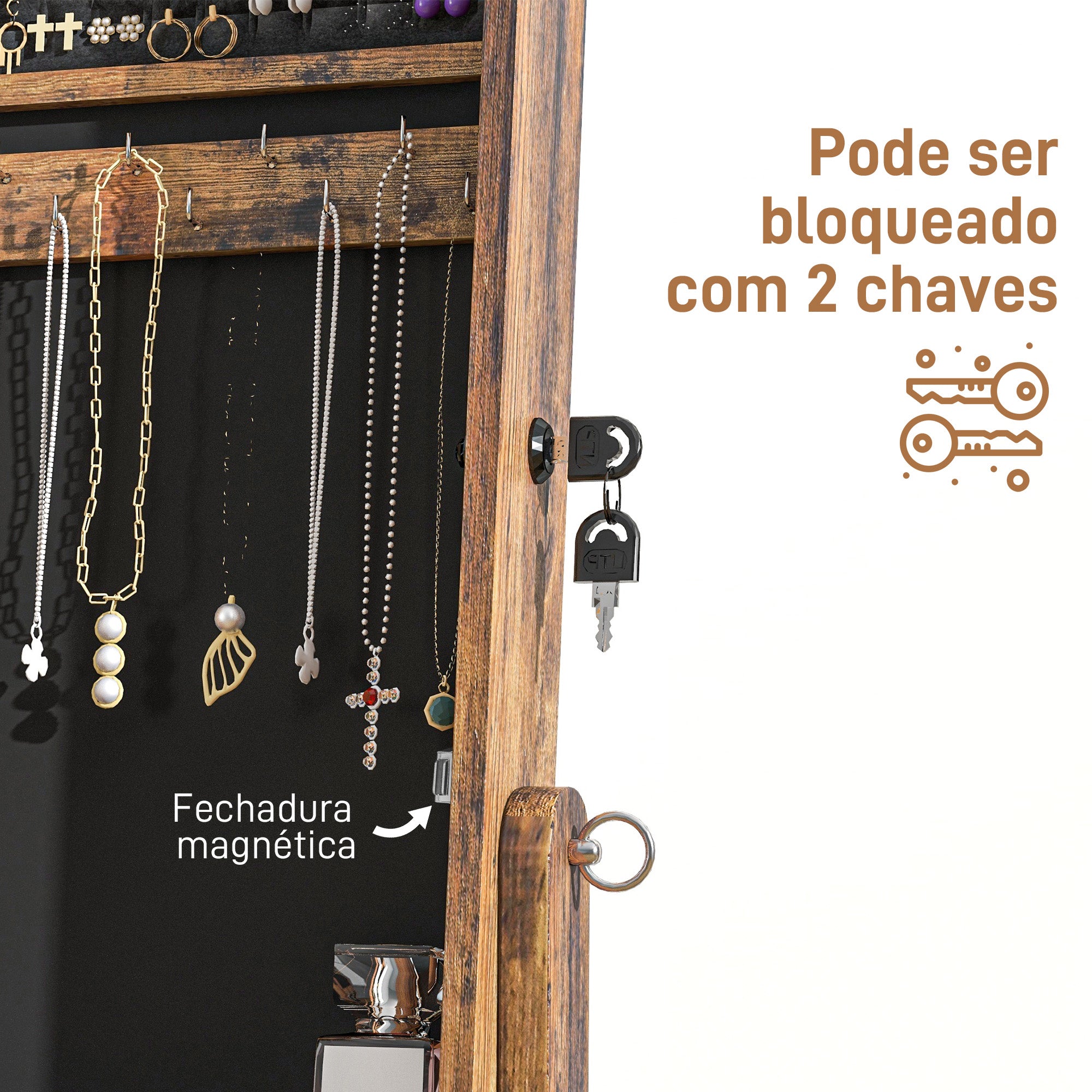 Joalheiro de Pé com Espelho e Organizador de Joias 46x36,5x151,5cm - Castanho Rústico