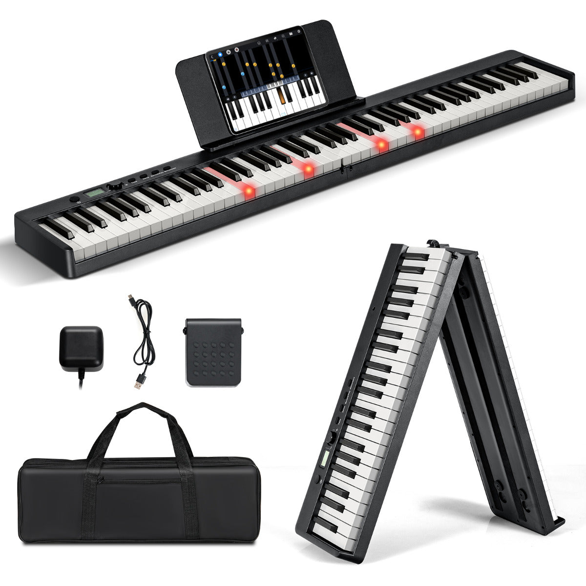 Piano Elétrico Dobrável de 88 Teclas Iluminadas Tamanho Completo MP3/USB/MIDI 126 x 30 x 22,5 cm Preto