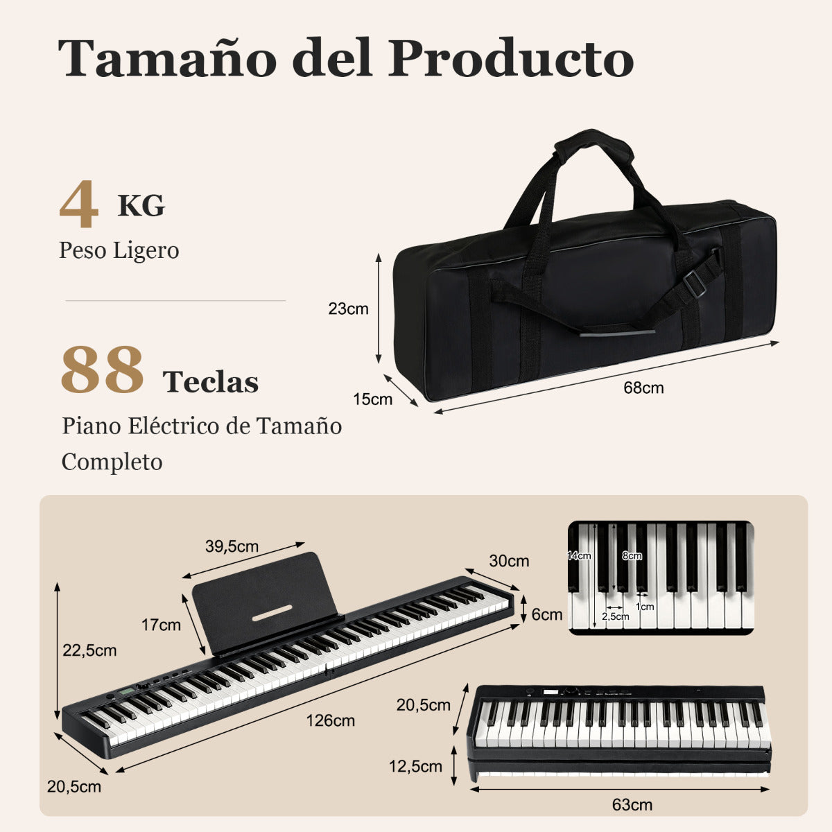 Piano Elétrico Dobrável de 88 Teclas Iluminadas Tamanho Completo MP3/USB/MIDI 126 x 30 x 22,5 cm Preto