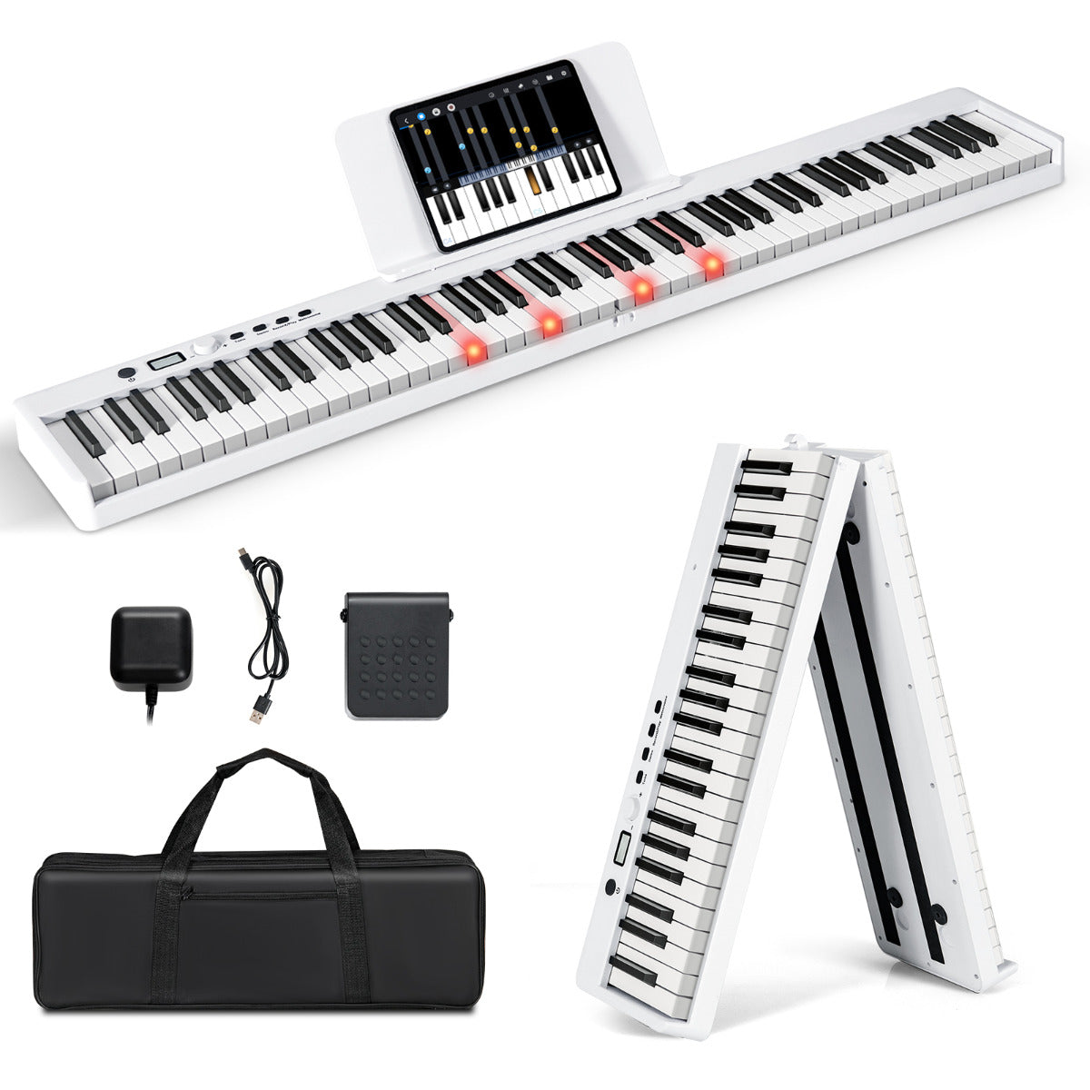 Piano Elétrico Plegável de 88 Teclas Iluminadas - Branco