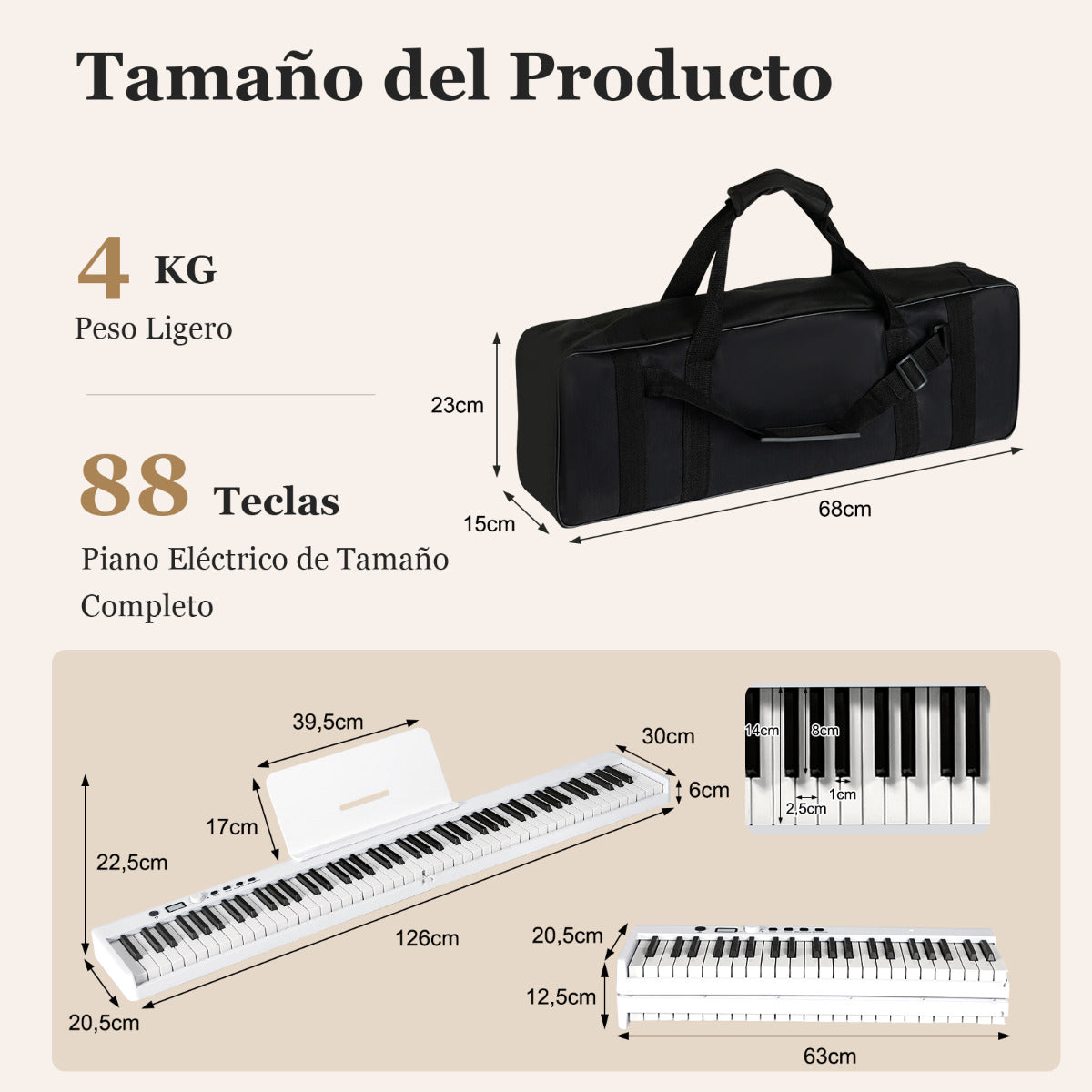 Piano Elétrico Plegável de 88 Teclas Iluminadas - Branco