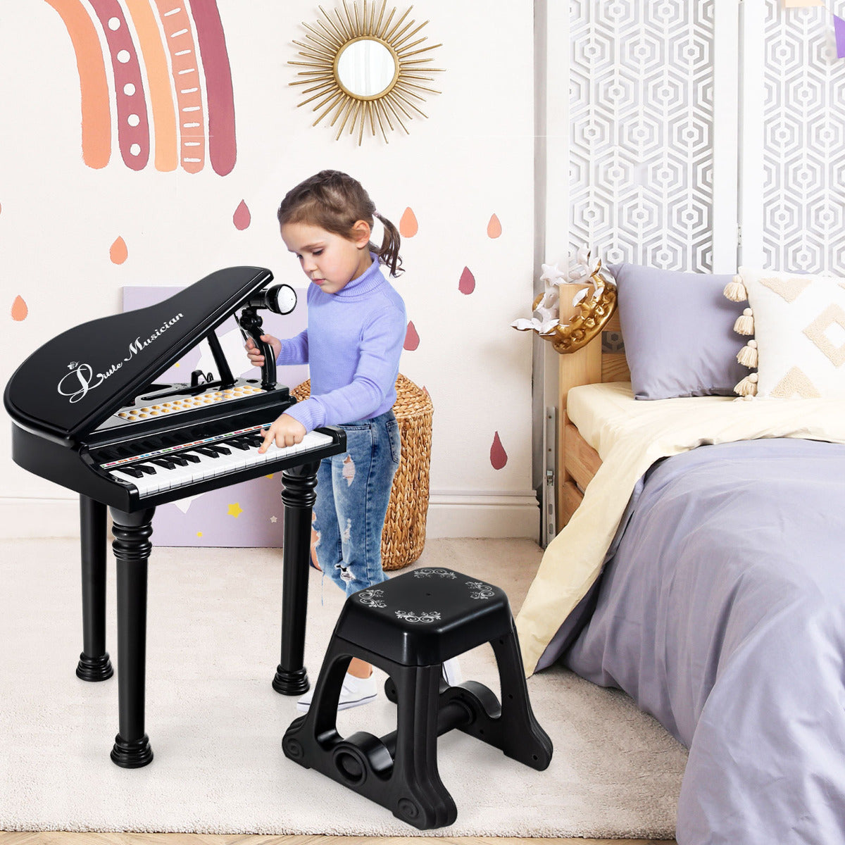 Piano Eletrónico de 31 Teclas para Crianças com Banco Piano de Brinquedo Portátil com Microfone LED 35 x 30 x 55 cm Preto