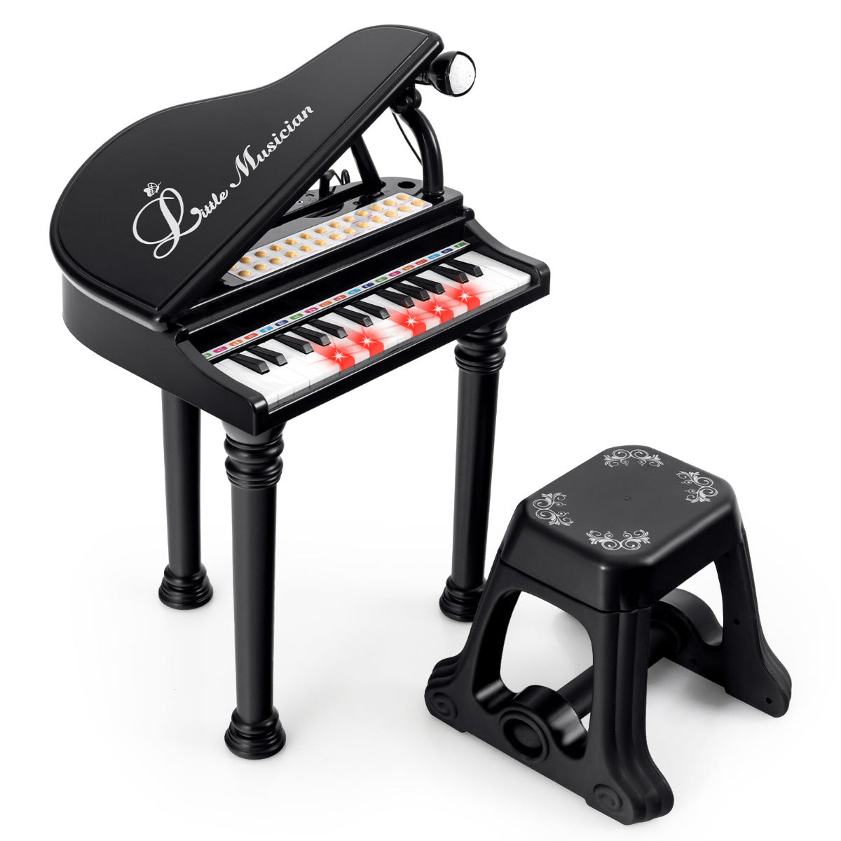 Piano Eletrónico de 31 Teclas para Crianças com Banco Piano de Brinquedo Portátil com Microfone LED 35 x 30 x 55 cm Preto