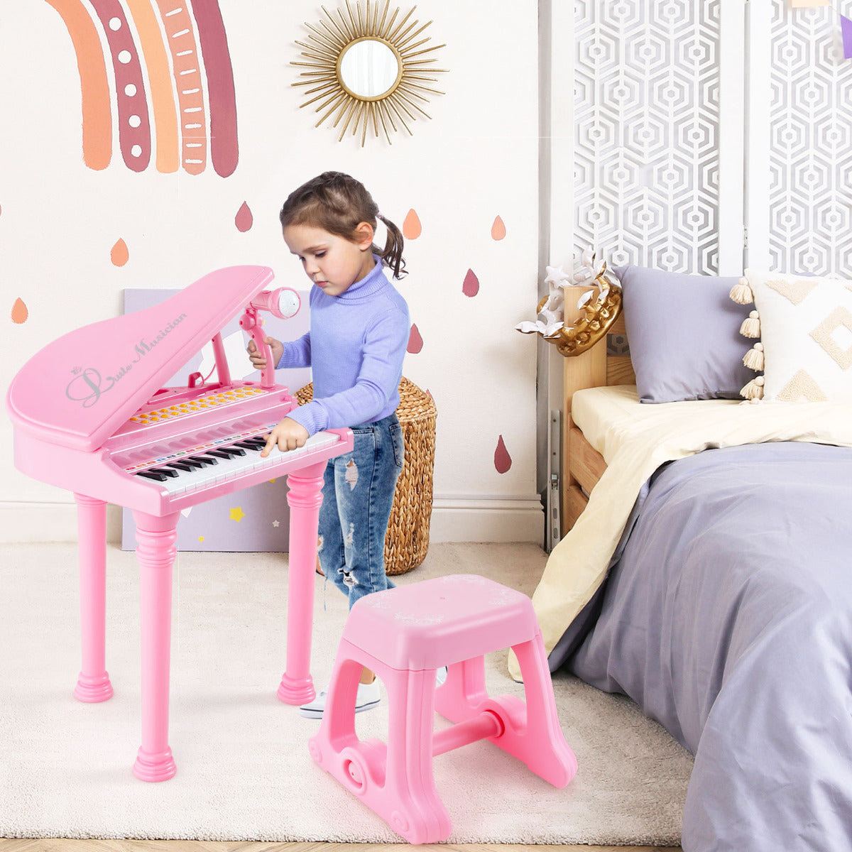 Piano Eletrónico para Crianças de 31 Teclas com Banco - Brinquedo Portátil com Microfone LED 35 x 30 x 55 cm Rosa