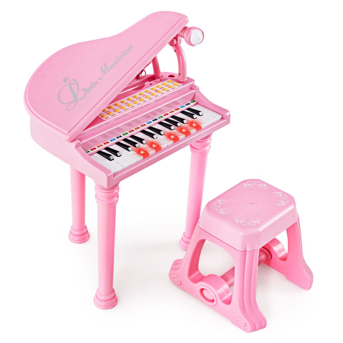 Piano Eletrónico para Crianças de 31 Teclas com Banco - Brinquedo Portátil com Microfone LED 35 x 30 x 55 cm Rosa