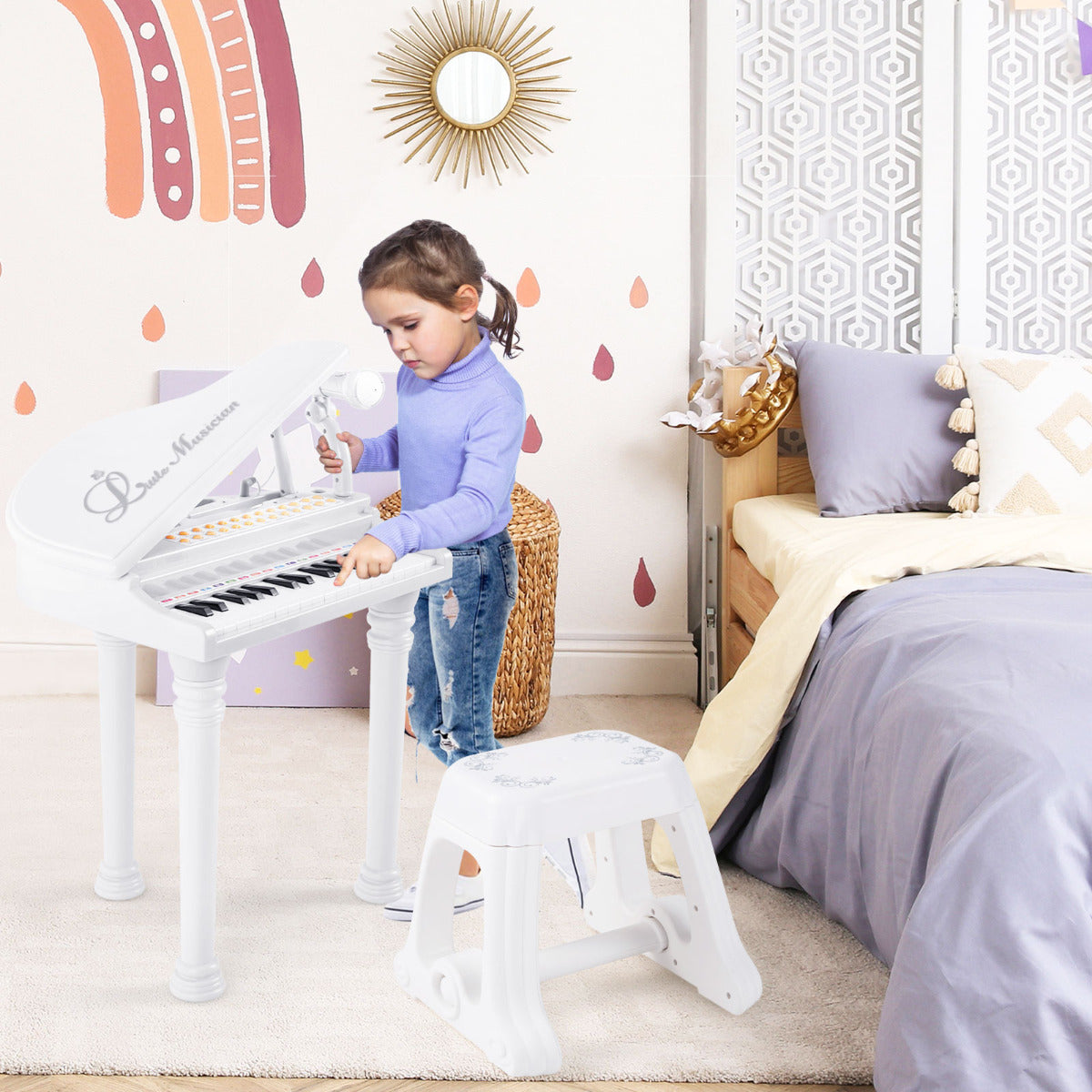 Piano Eletrónico de 31 Teclas para Crianças com Banco Branco - Brinquedo Musical Portátil com Microfone LED 35 x 30 x 55 cm