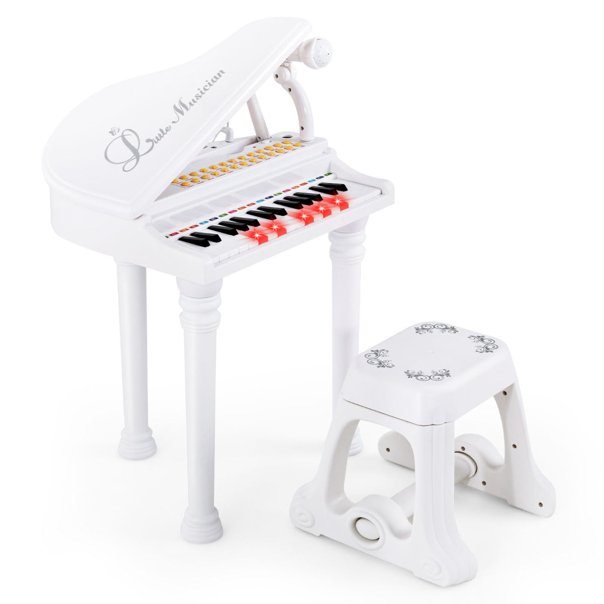 Piano Eletrónico de 31 Teclas para Crianças com Banco Branco - Brinquedo Musical Portátil com Microfone LED 35 x 30 x 55 cm