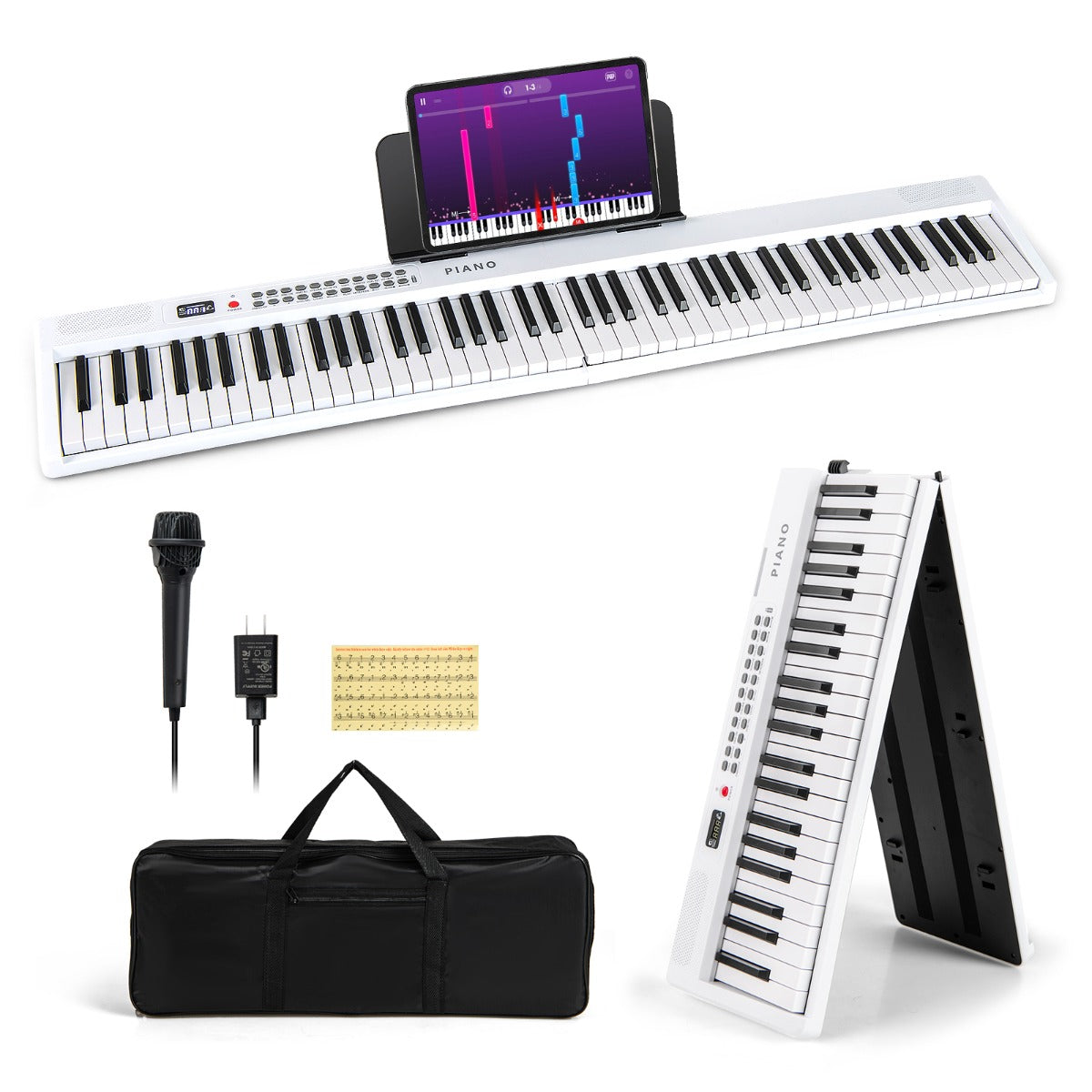 Piano Elétrico Portátil de 88 Teclas Semipesado Dobrável de Tamanho Completo com MIDI 128 x 23 x 6 cm - Branco