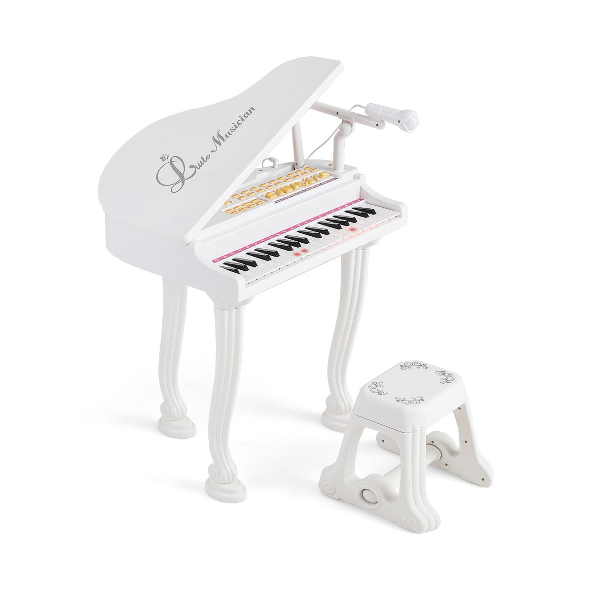 Piano Eletrónico para Crianças de 37 Teclas com Banquinho, Microfone, Modo de Ensino, Função de Gravação e Reprodução LED Branco