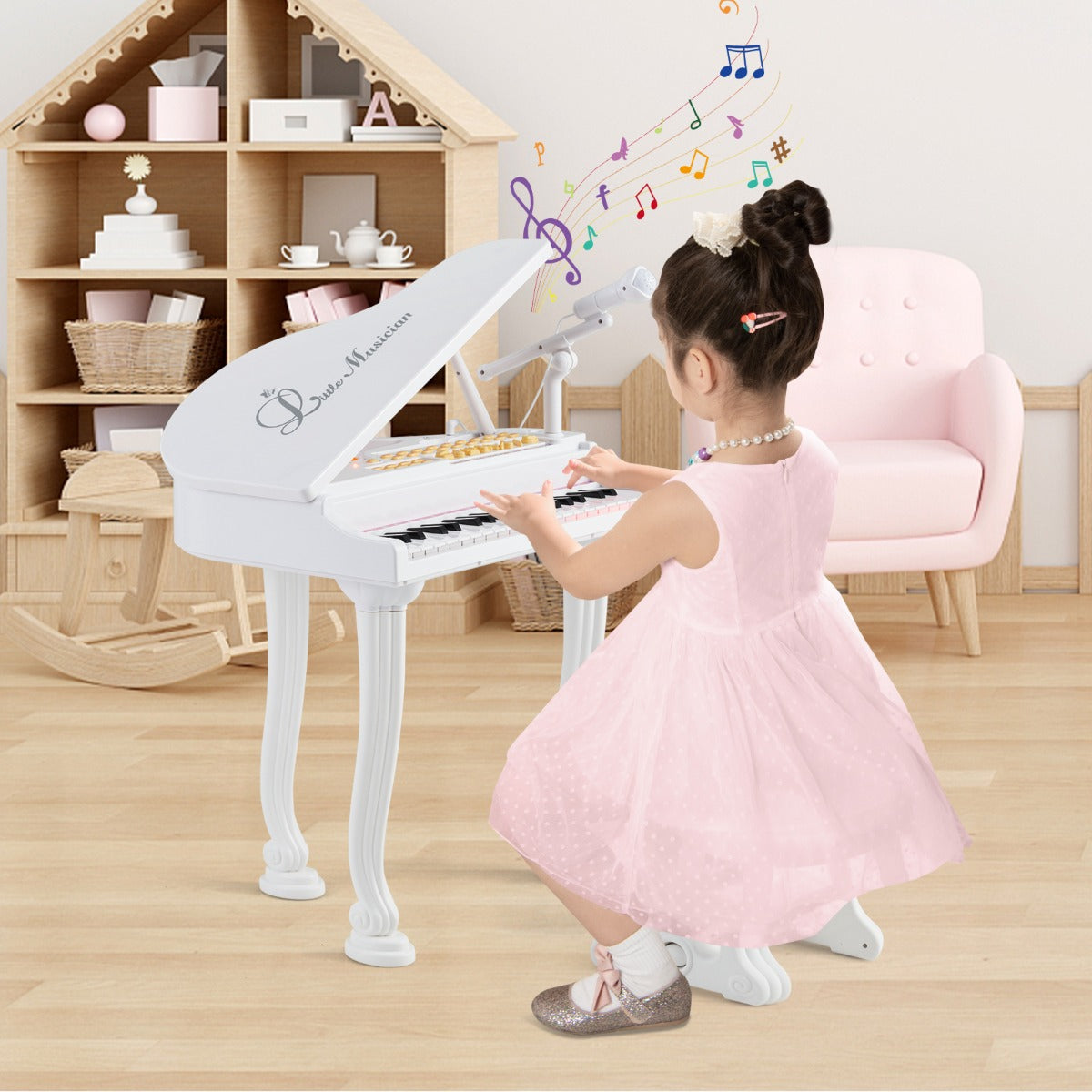 Piano Eletrónico para Crianças de 37 Teclas com Banquinho, Microfone, Modo de Ensino, Função de Gravação e Reprodução LED Branco