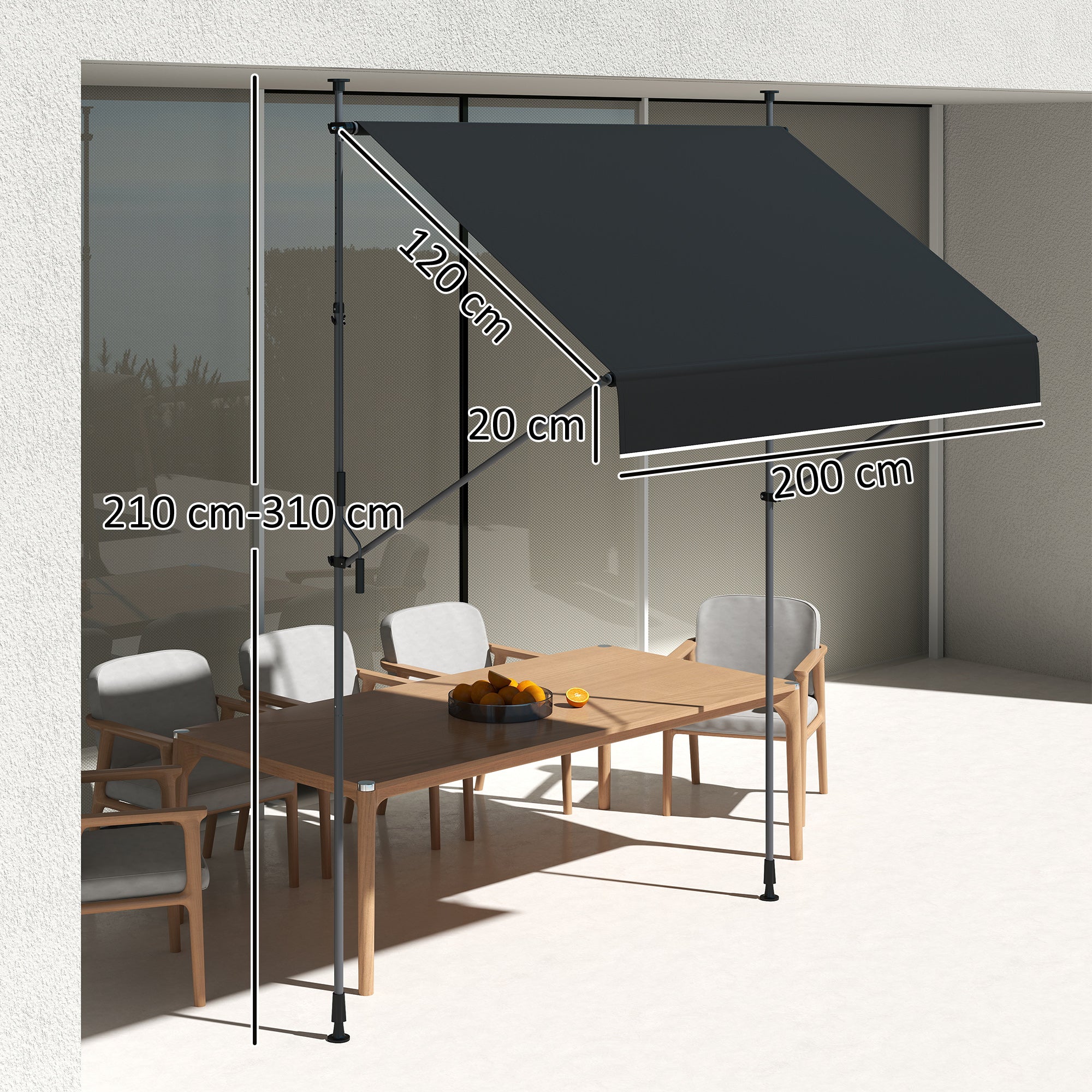 Toldo Manual Retrátil 200x120 cm Preto Altura Ajustável 210-310 cm