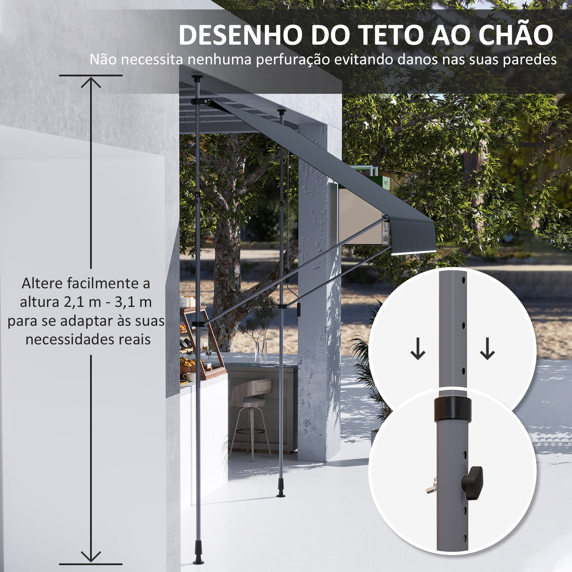 Toldo Manual Retrátil 200x120 cm Preto Altura Ajustável 210-310 cm