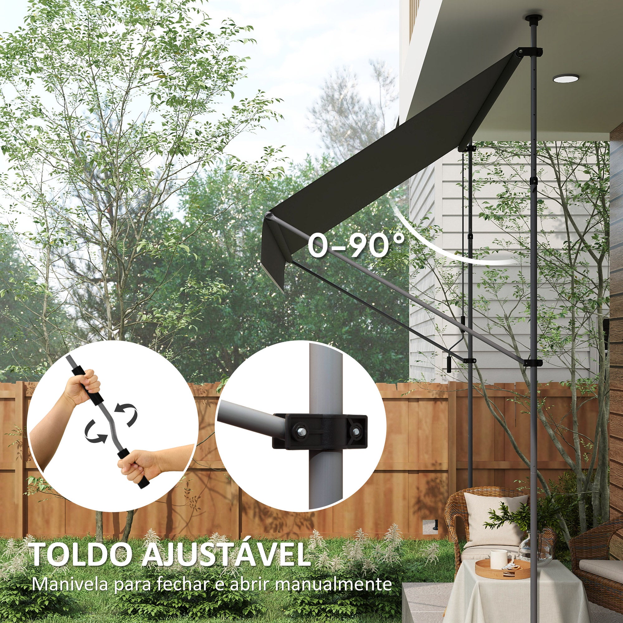 Toldo Manual Retrátil 200x120 cm Preto Altura Ajustável 210-310 cm