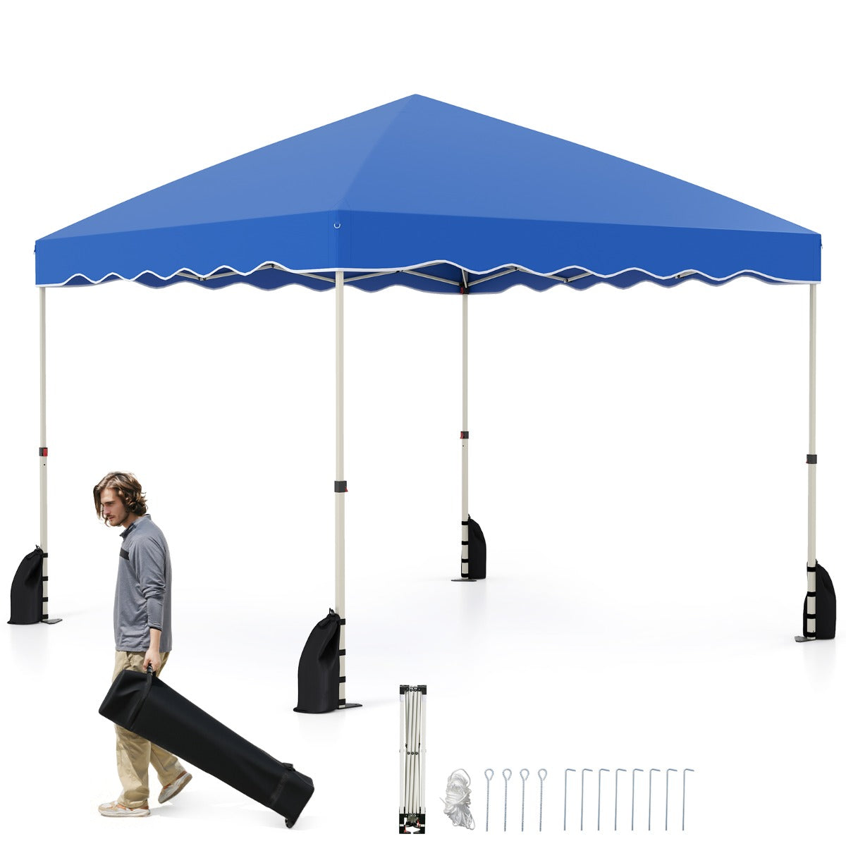Tenda de Campismo Dobrável Portátil com 8 Estacas, 4 Âncoras, 4 Cordas de Vento e 4 Sacos de Areia 300 x 300 x 266-286 cm - Azul