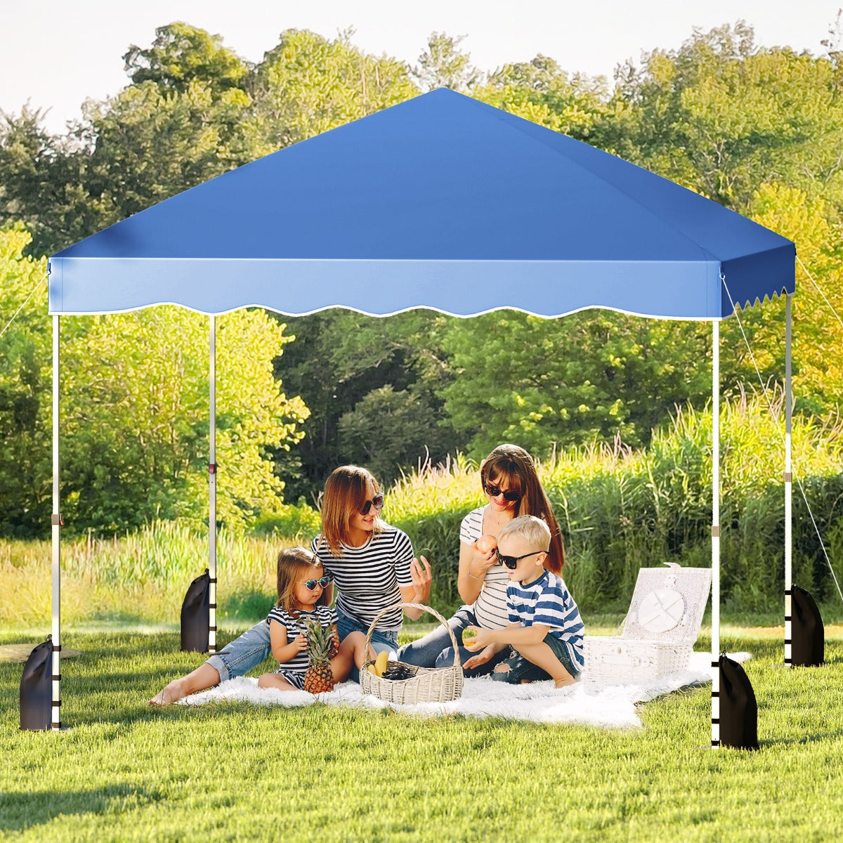 Tenda de Campismo Dobrável Portátil com 8 Estacas, 4 Âncoras, 4 Cordas de Vento e 4 Sacos de Areia 300 x 300 x 266-286 cm - Azul