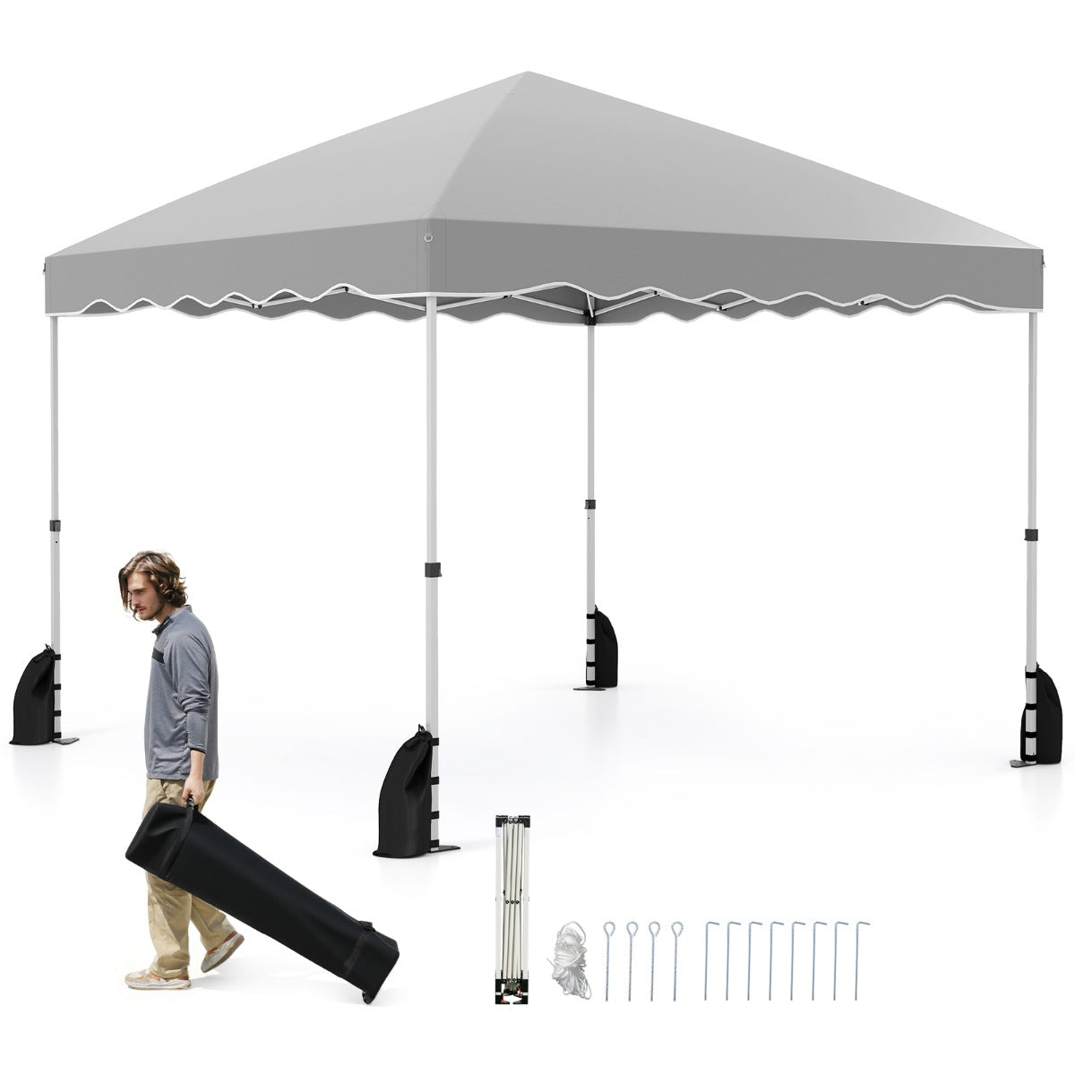 Tenda de Campismo Dobrável Portátil com 8 Estacas 4 Âncoras 4 Cordas de Vento 4 Sacos de Areia 300 x 300 x 266-286 cm - Cinzento
