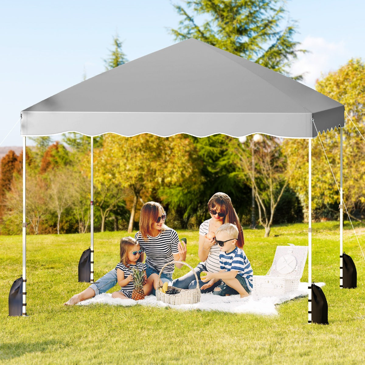 Tenda de Campismo Dobrável Portátil com 8 Estacas 4 Âncoras 4 Cordas de Vento 4 Sacos de Areia 300 x 300 x 266-286 cm - Cinzento