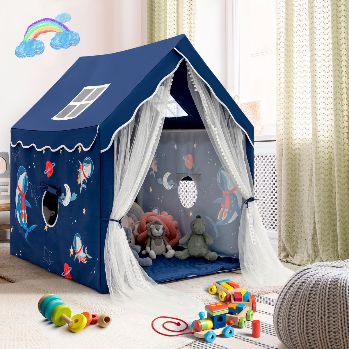 Tenda de Campismo Interior com Tapete Acolchoado Removível Oferta para Crianças 121 x 105 x 137 cm Azul