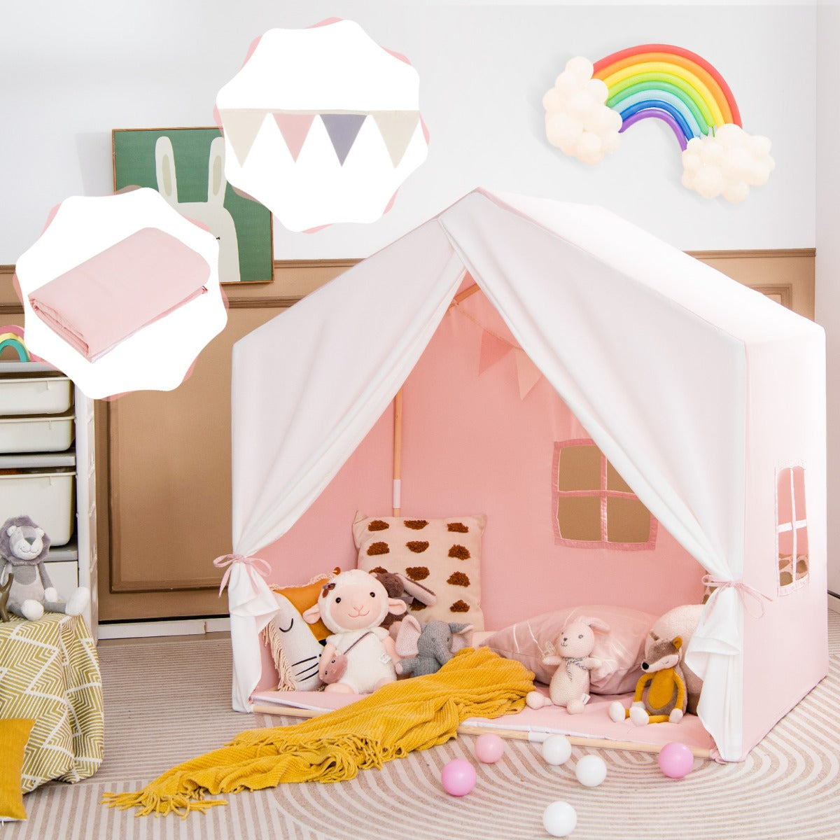 Casinha de Brincar Infantil com Almofada Lavável e Estrutura de Madeira Maciça 131 x 91 x 131 cm - Rosa