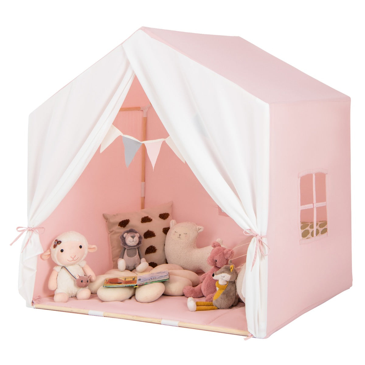 Casinha de Brincar Infantil com Almofada Lavável e Estrutura de Madeira Maciça 131 x 91 x 131 cm - Rosa