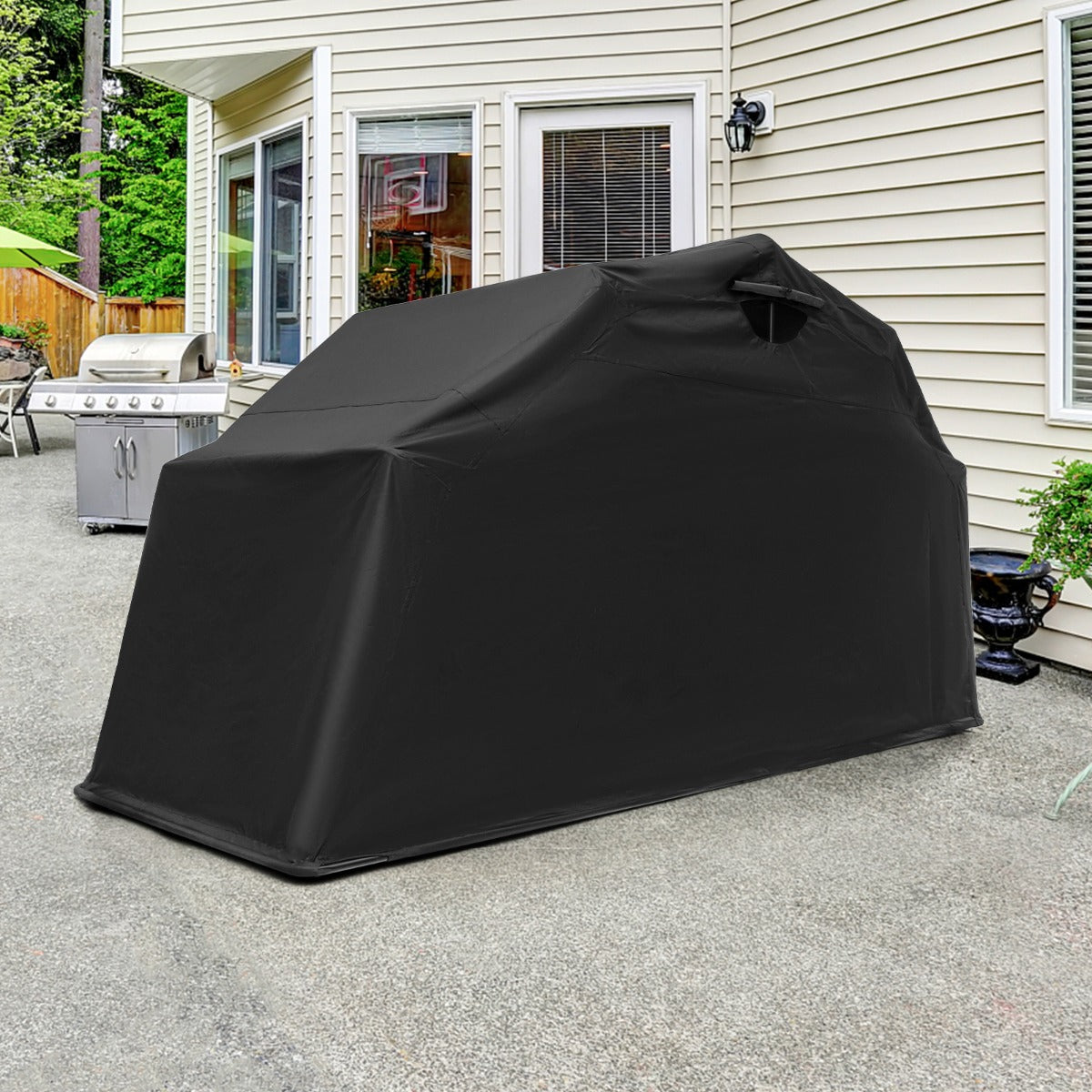 Cobertizo de Armazenamento para Motocicletas com Cobertura em Tecido Oxford e Janelas de Malha Enroláveis 345 x 137 x 190 cm Preto