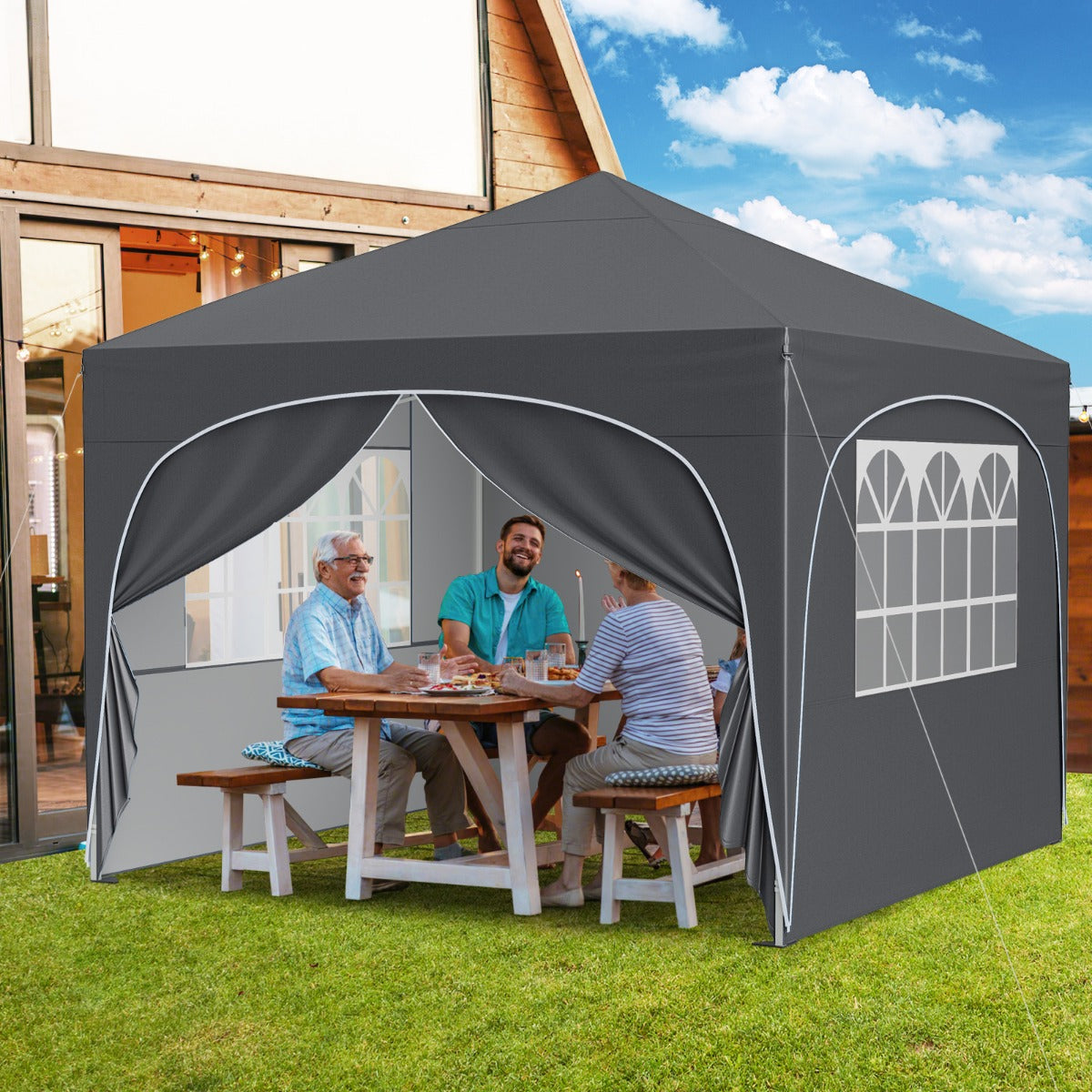 Gazebo Emergente com 4 Paredes Removíveis 8 Estacas 4 Âncoras 4 Sacos de Areia e 4 Cordas de Vento Bolsa com Rodas 3 x 3 m Cinzento