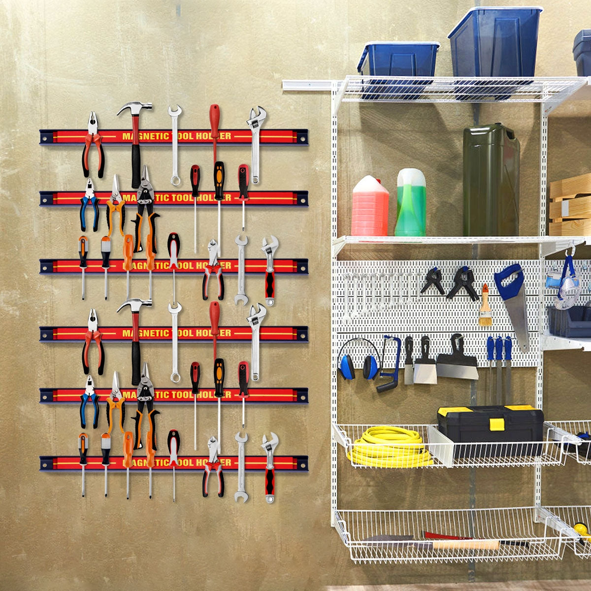 Conjunto de 6 Peças de Tiras Magnéticas de 46cm para Ferramentas - Suporte de Barra Magnética para Oficina ou Garagem