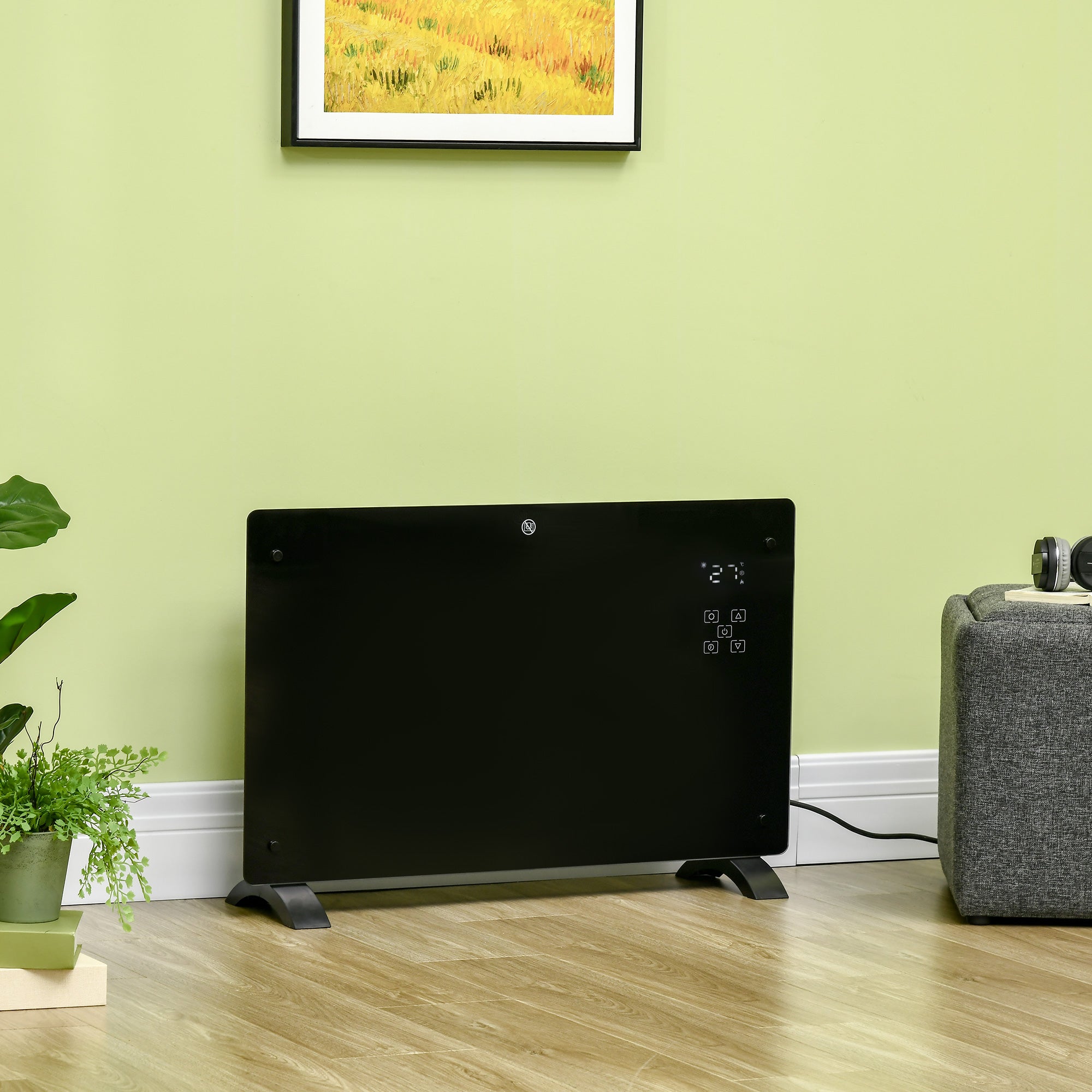 Aquecedor Elétrico 1000W/2000W Convecção Parede Ecrã LED Termostato 78x24x52 cm Preto