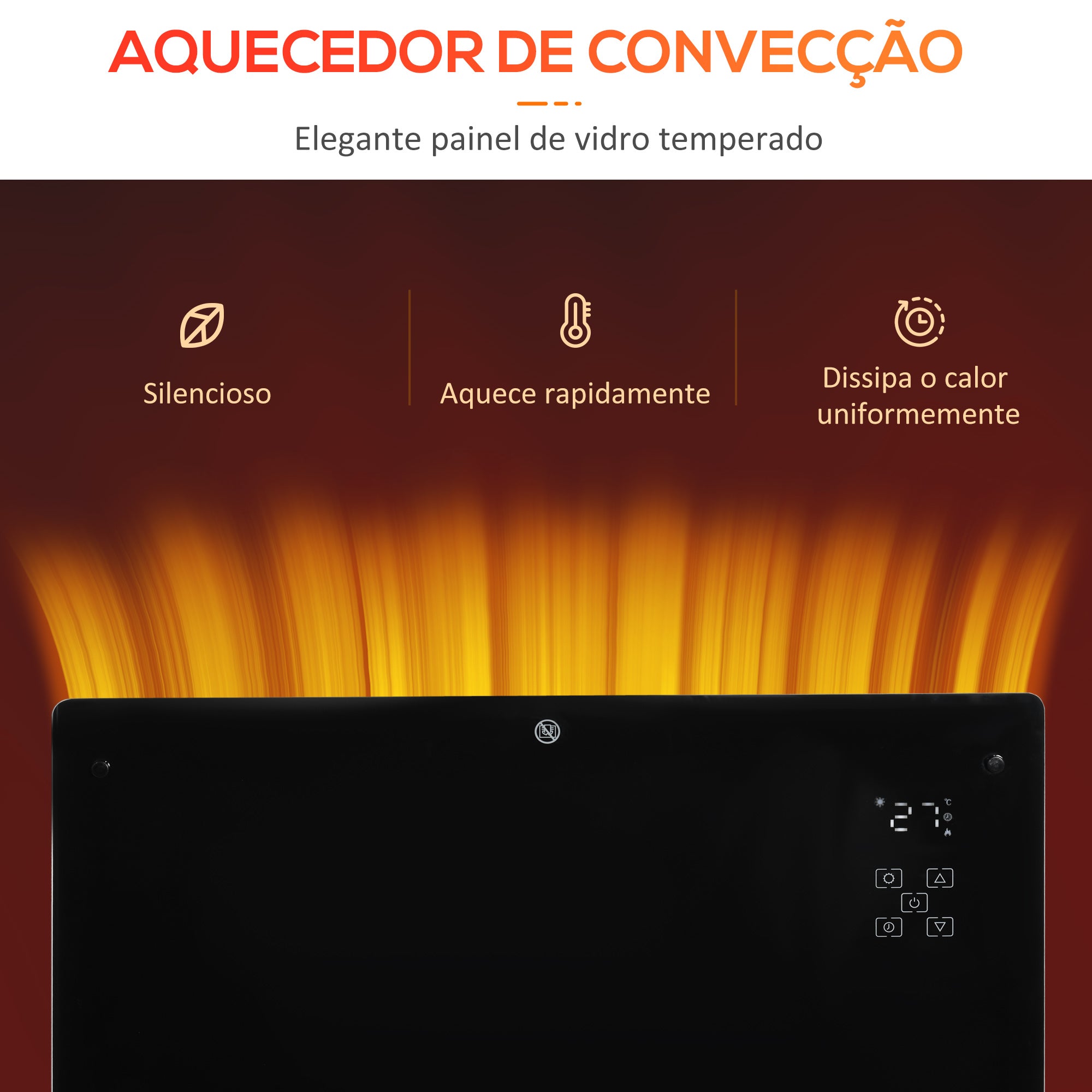 Aquecedor Elétrico 1000W/2000W Convecção Parede Ecrã LED Termostato 78x24x52 cm Preto