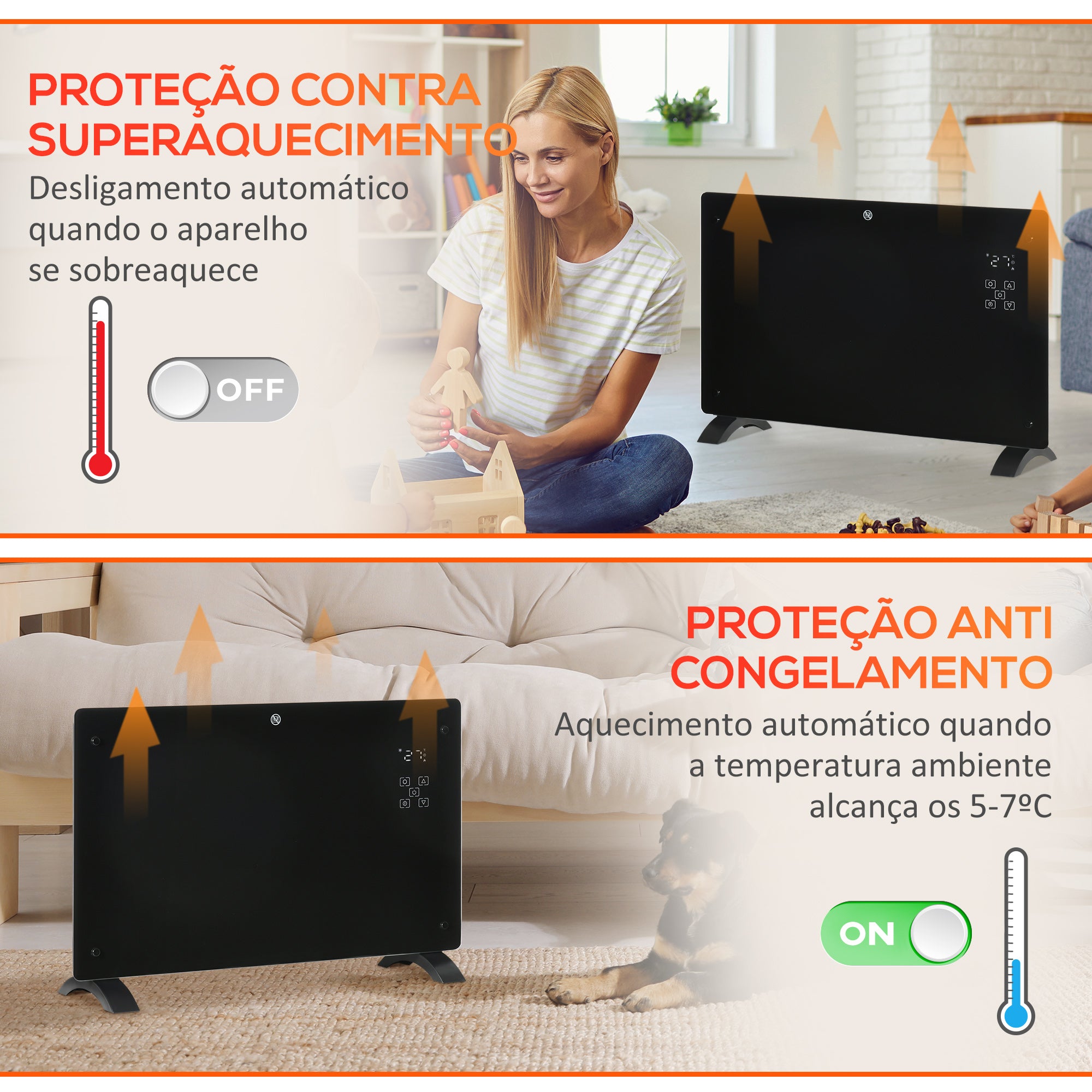 Aquecedor Elétrico 1000W/2000W Convecção Parede Ecrã LED Termostato 78x24x52 cm Preto