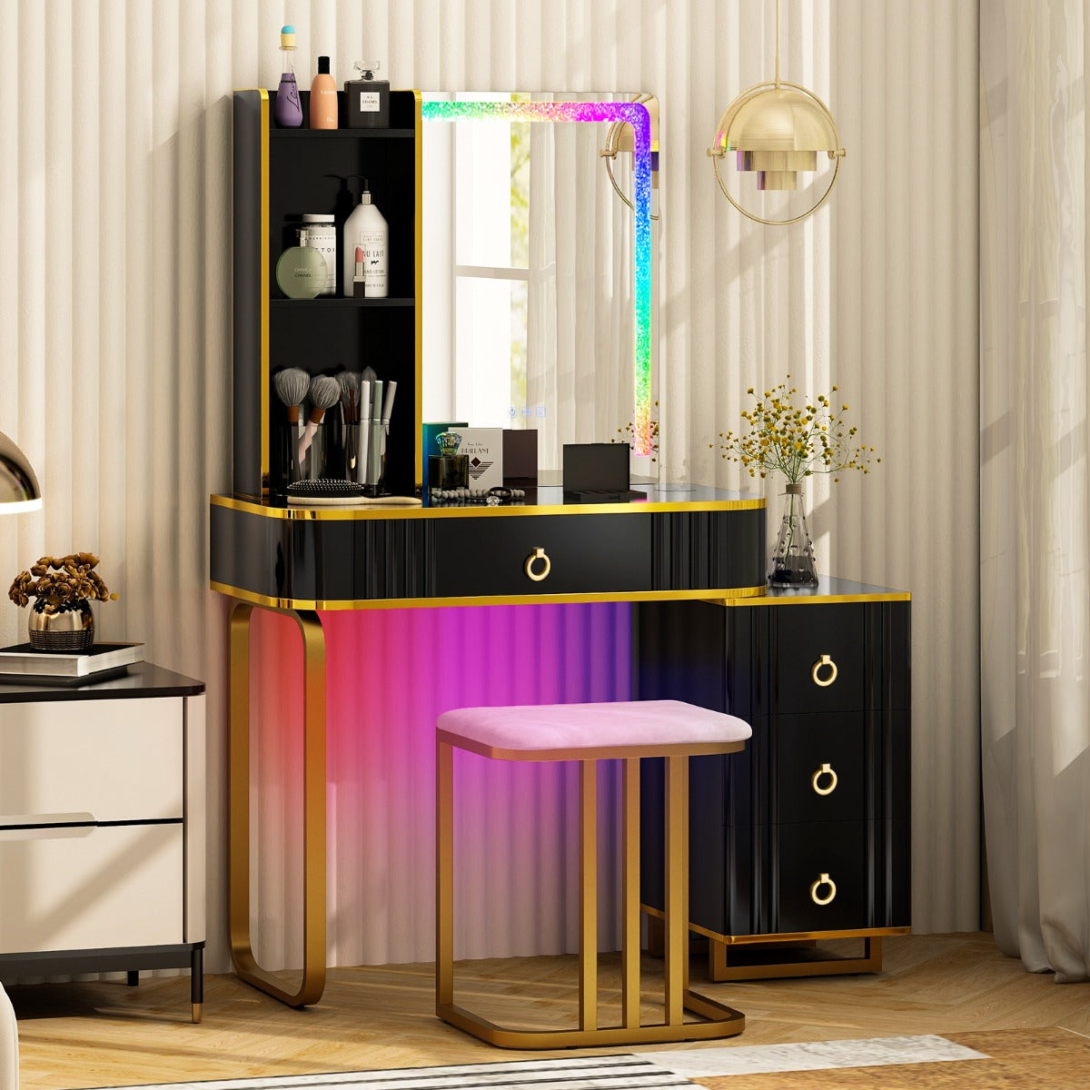 Tocador de Maquilhagem com Espelho RGB, 4 Gavetas, 7 Luzes LED Dinâmicas, 7 Estáticas, Banqueta e Portas USB Tipo C para Quarto Preto