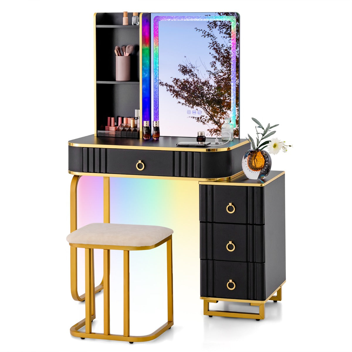 Tocador de Maquilhagem com Espelho RGB, 4 Gavetas, 7 Luzes LED Dinâmicas, 7 Estáticas, Banqueta e Portas USB Tipo C para Quarto Preto