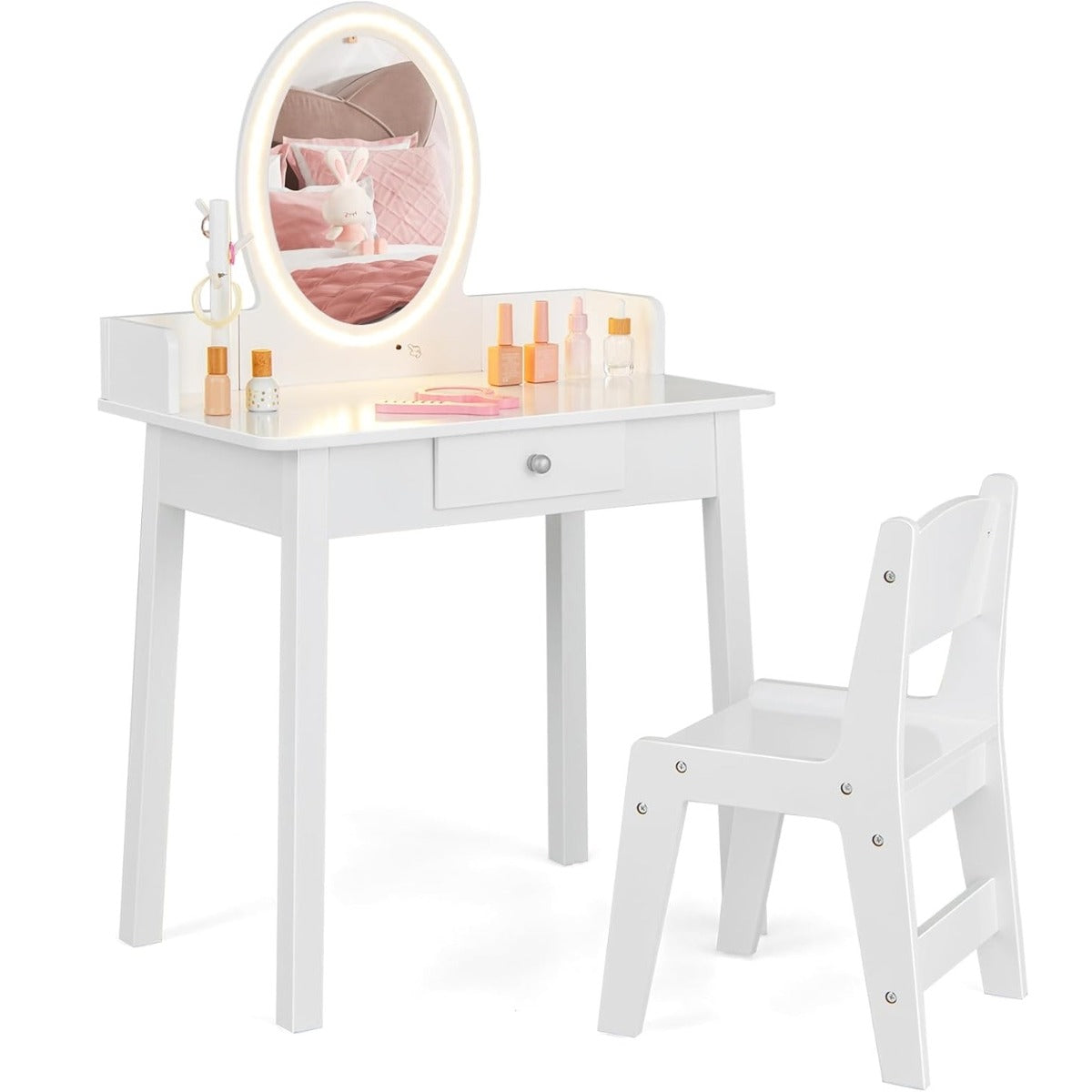 Tocador Infantil Branco com Espelho Iluminado, Banqueta, Gaveta e Organizador de Joias para Meninas