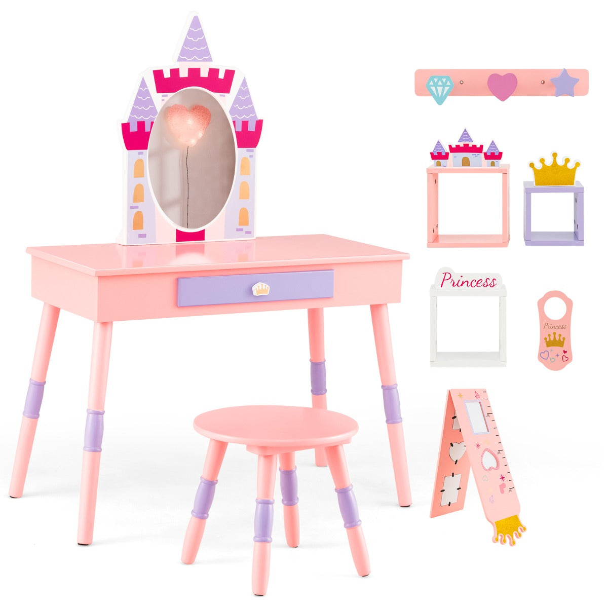 Tocador de Princesa com Espelho, Gaveta e Acessórios - Rosa