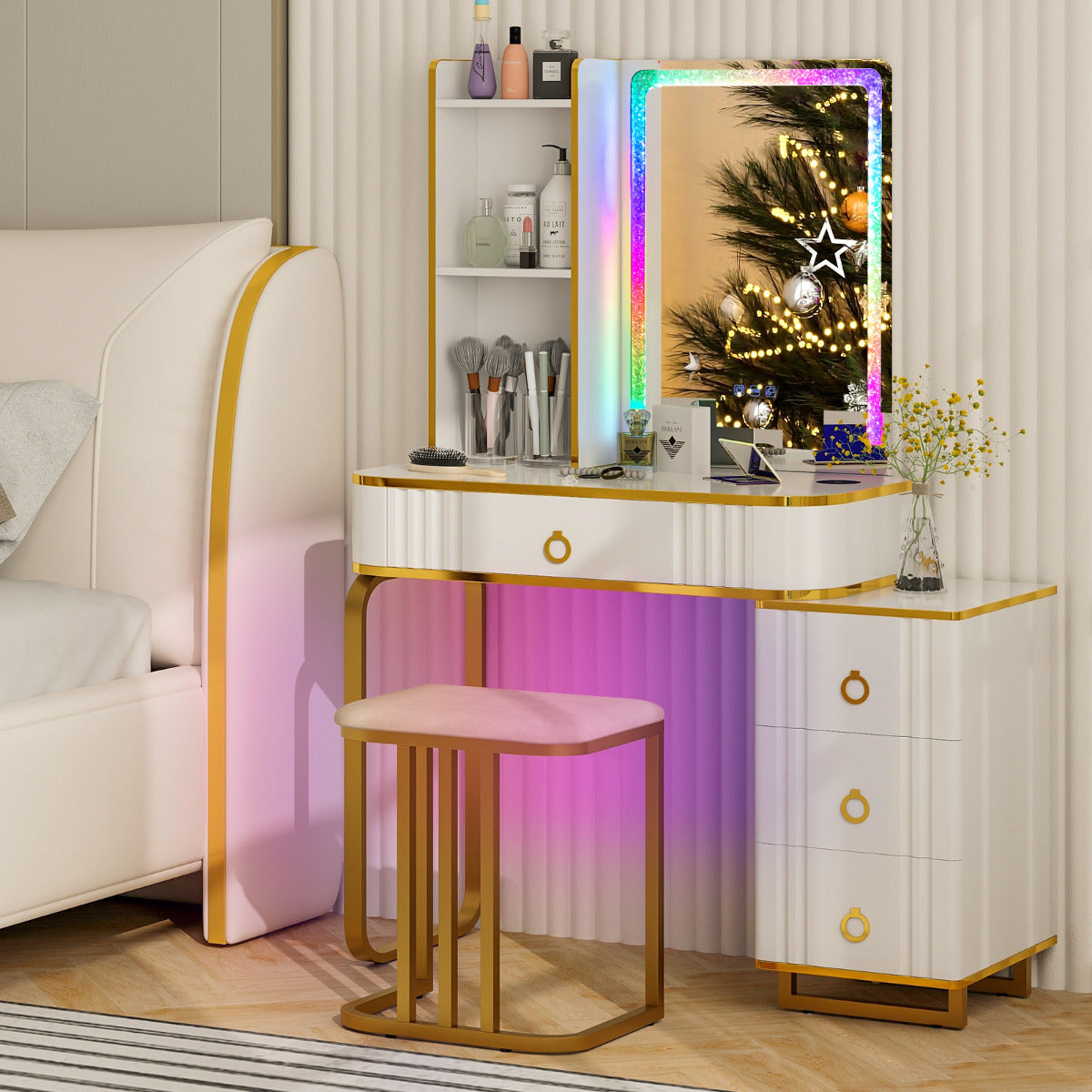 Tocador de Maquilhagem RGB com Espelho 4 Gavetas 7 Luzes LED Dinâmicas 7 Estáticas Banqueta e Portas USB Tipo C para Quarto Branco